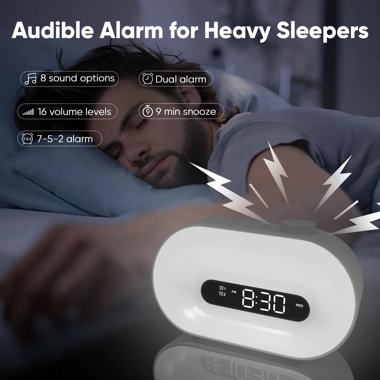 Budzik z radiem FM, 2 alarmy, drzemka, 8 dzwonków, 10 hipnotycznych dźwięków, budzik z głośnikami Bluetooth, 16 kolorów świetlnych na imprezę/urodziny / Boże Narodzenie