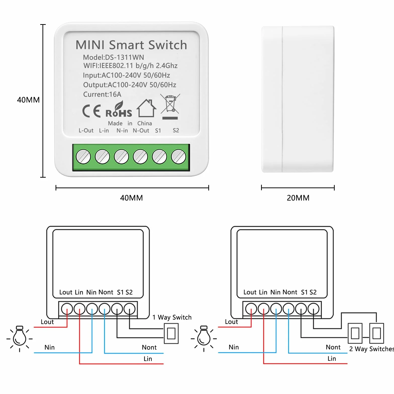 1 sztuka Alexa włącznik światła Smart Home, moduł Wi-Fi, włącznik światła, sterowanie głosem/timer, mini inteligentny przełącznik światła do domu, kompatybilny z Alexa, 1-drożny/2-drożny, wymagany