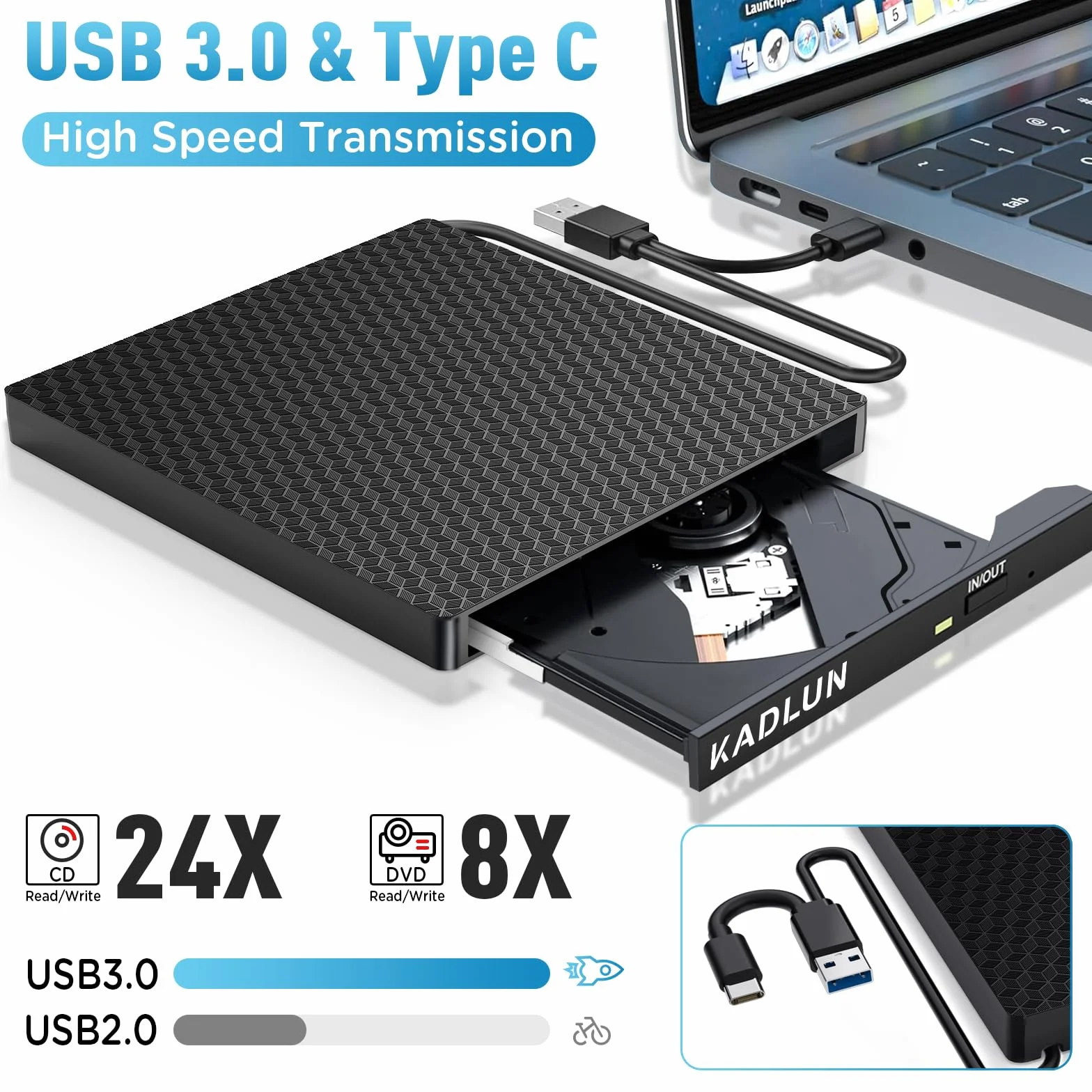 Zewnętrzny napęd DVD CD, USB 3.0 USB C, zewnętrzny napęd CD dla laptopa, komputera stacjonarnego, PC, Macbook, iMac, nagrywarka DVD +/-RW, napęd optyczny, zewnętrzny napęd DVD dla Windows 11/10/8/7/XP