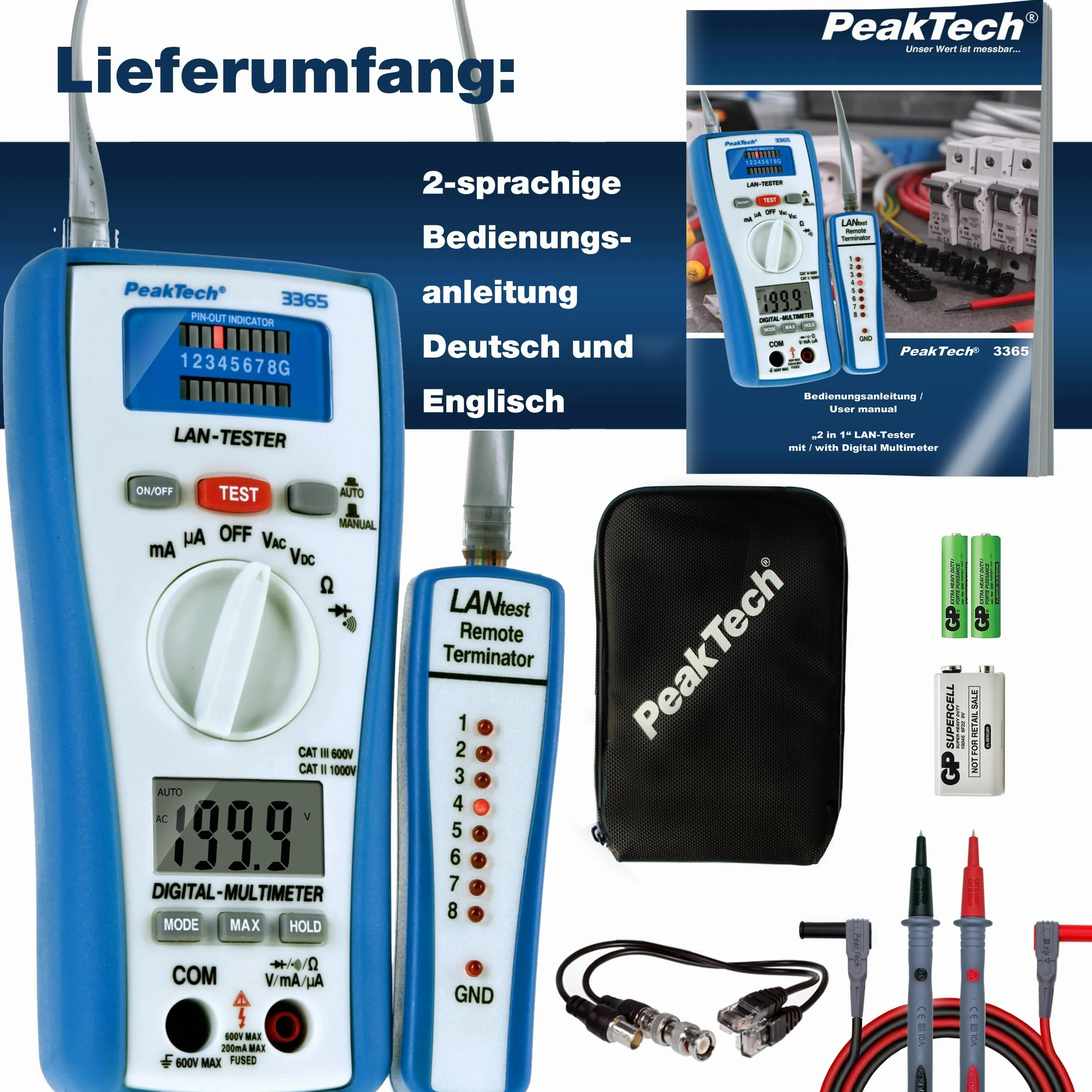 PeakTech P 3365 - Multimetr Cyfrowy ~ 2.000 zliczeń ~ 600V AC/DC ~ 200mA AC/DC - z LAN - Tester