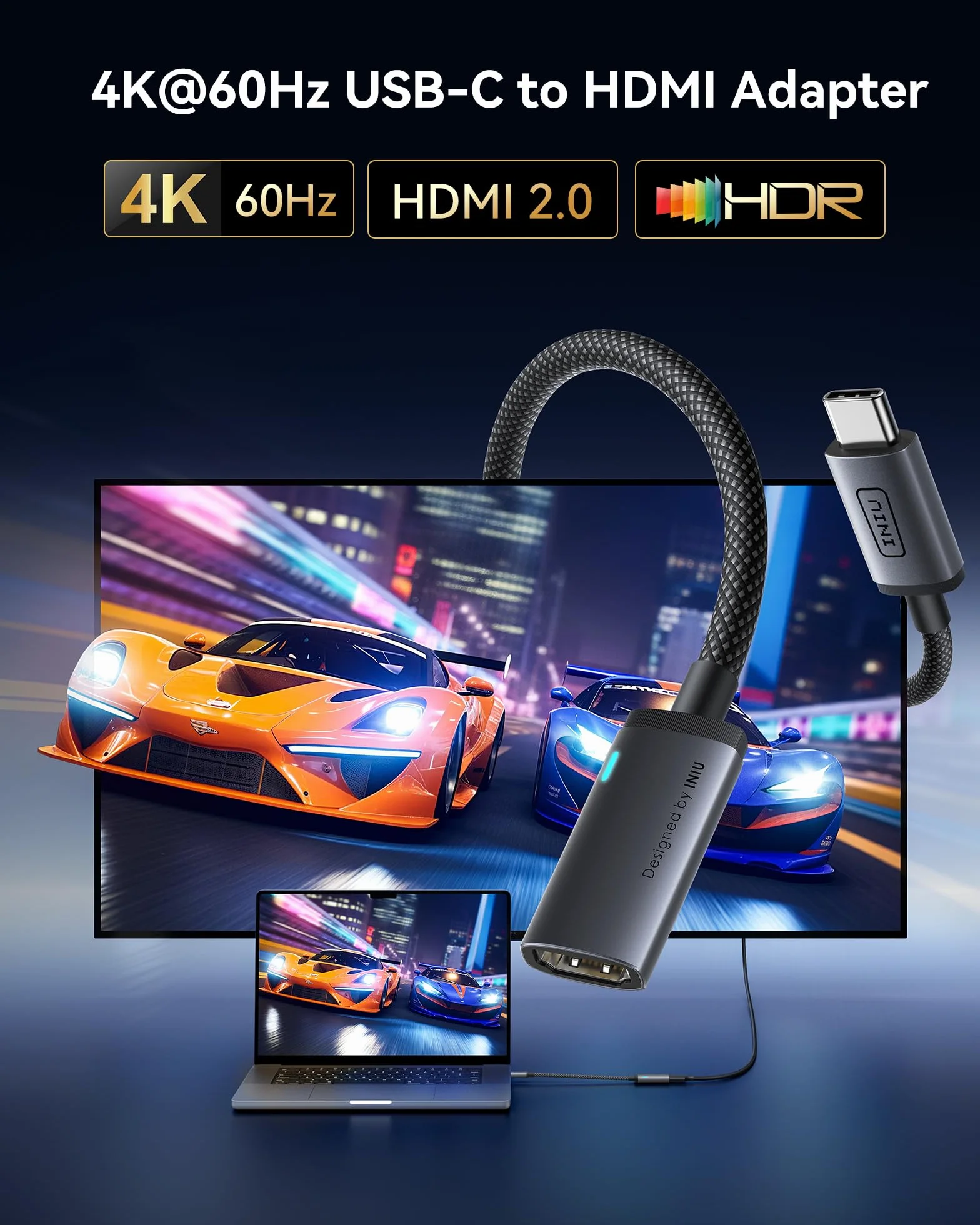 INIU Adapter USB C na HDMI 4K 60 Hz, USB typu C na HDMI adapter ładowarka do MacBook Pro Air, iPad Pro, iPhone 17 16 15 Pro Max, Pixelbook, Pixel 10 9, Surface Pro, Dell, XPS, Samsung 25 24 Ultra itd