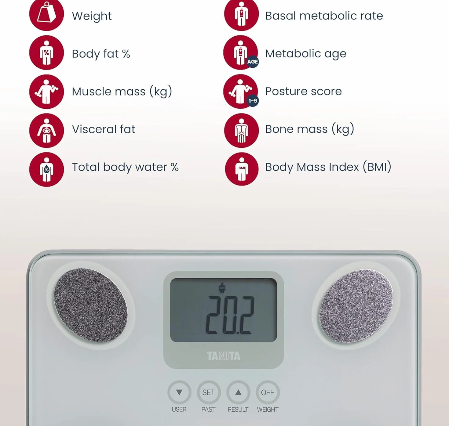 TANITA BC-731 Monitor składu ciała Innerscan kompaktowy szklany wyświetlacz LCD, łatwy do odczytu, 10 pomiarów, biały