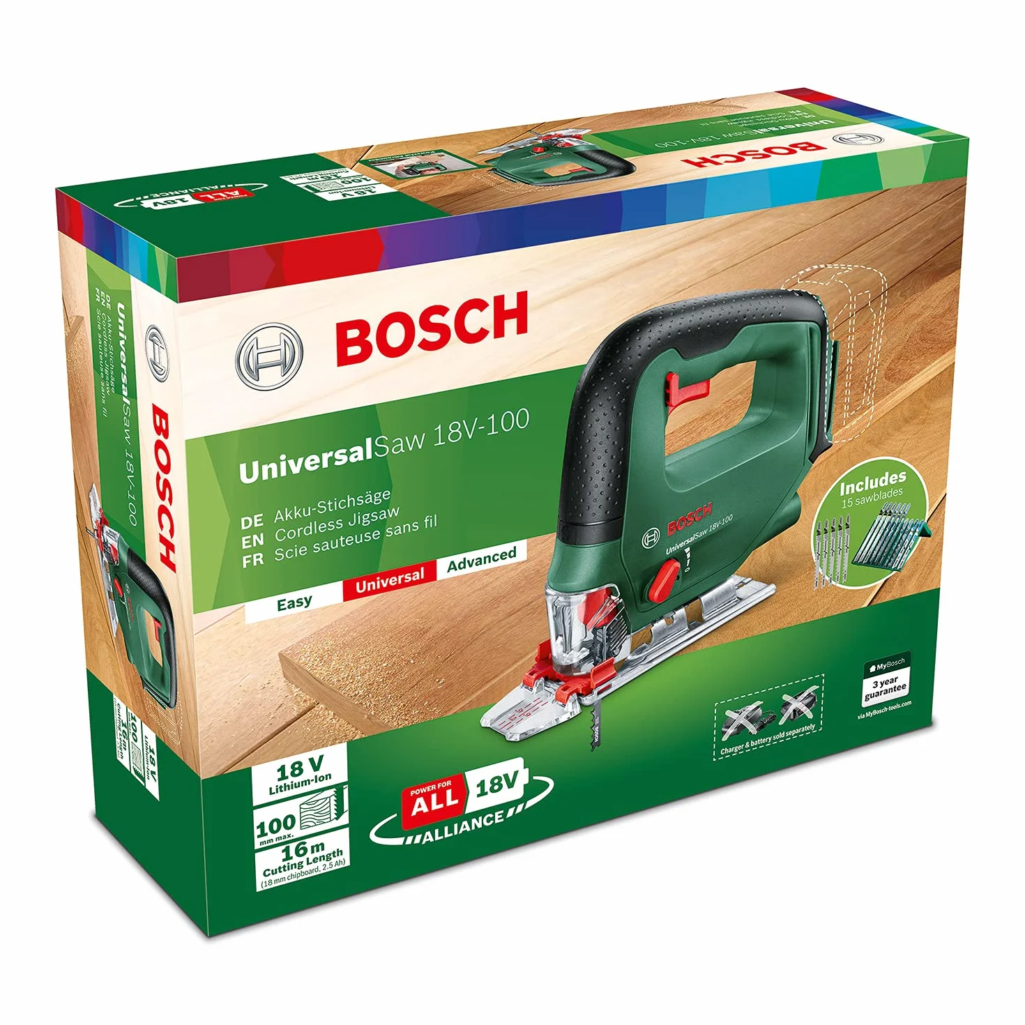 Bosch UniversalSaw, Wyrzynarka akumulatorowa 18V-100 (bez akumulatora, system 18V, 15-częściowy zestaw brzeszczotów do wyrzynarek, opakowanie kartonowe) – Amazon Edition, Zielony