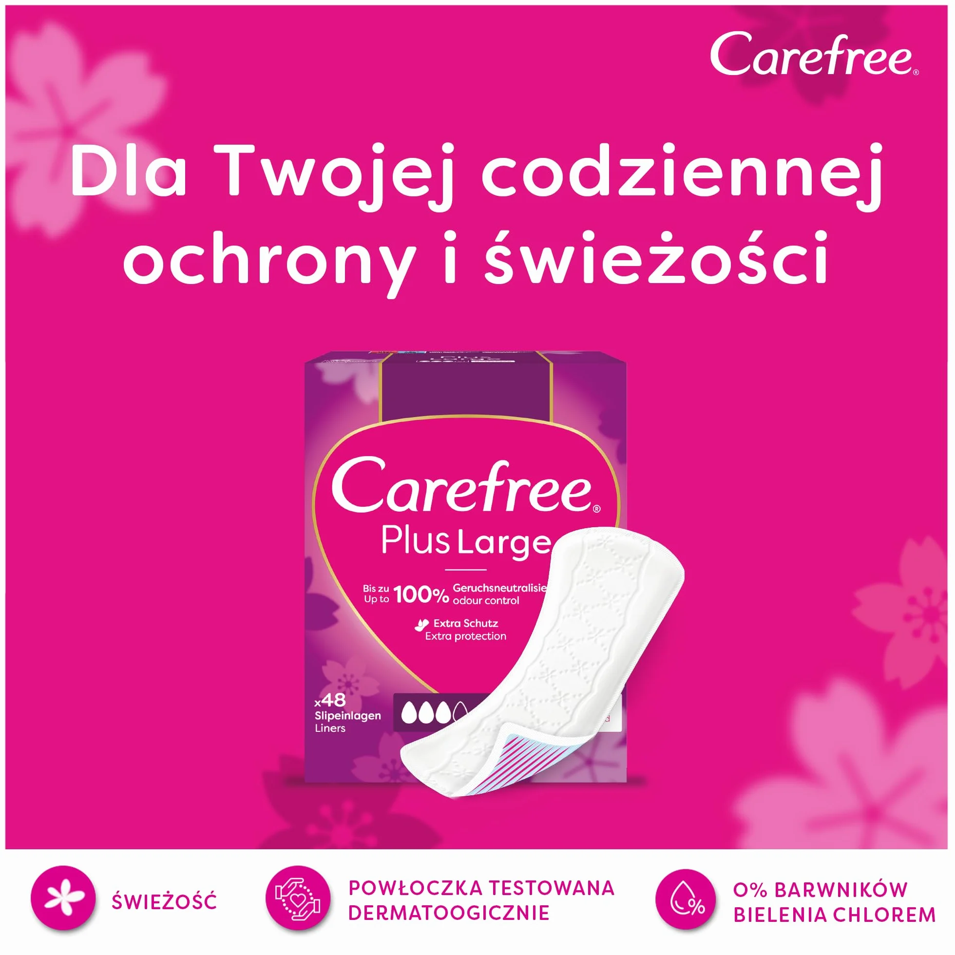 Carefree Plus Original Fresh 56 szt. Wkładki higieniczne o świeży zapachu, Standardowym rozmiar, który zapewnia kontrolę nad nieprzyjemnych zapachem do 12 godzin, Bez barwników i chloru