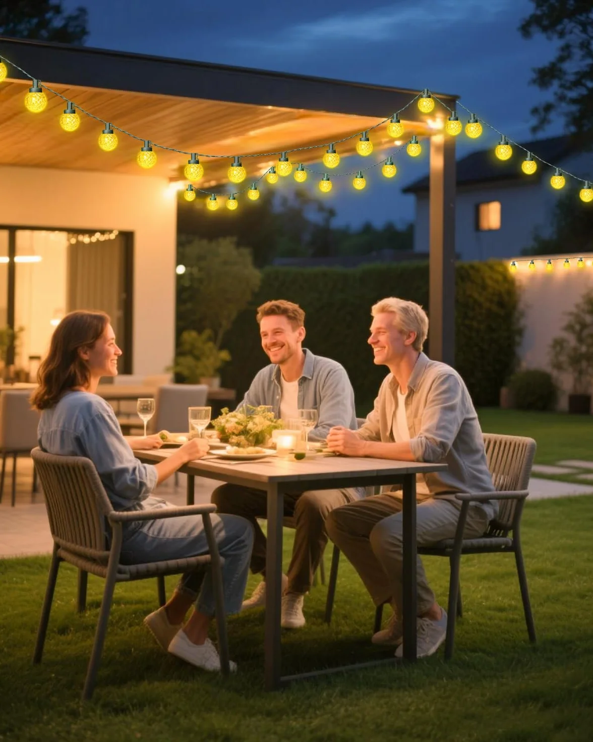 Dalugo Solarny łańcuch świetlny na zewnątrz, 12 m, 30 diod LED, do użytku na zewnątrz, z timerem, 8 trybów pracy, ciepła biel, solarny łańcuch świetlny na zewnątrz, odporny na warunki atmosferyczne
