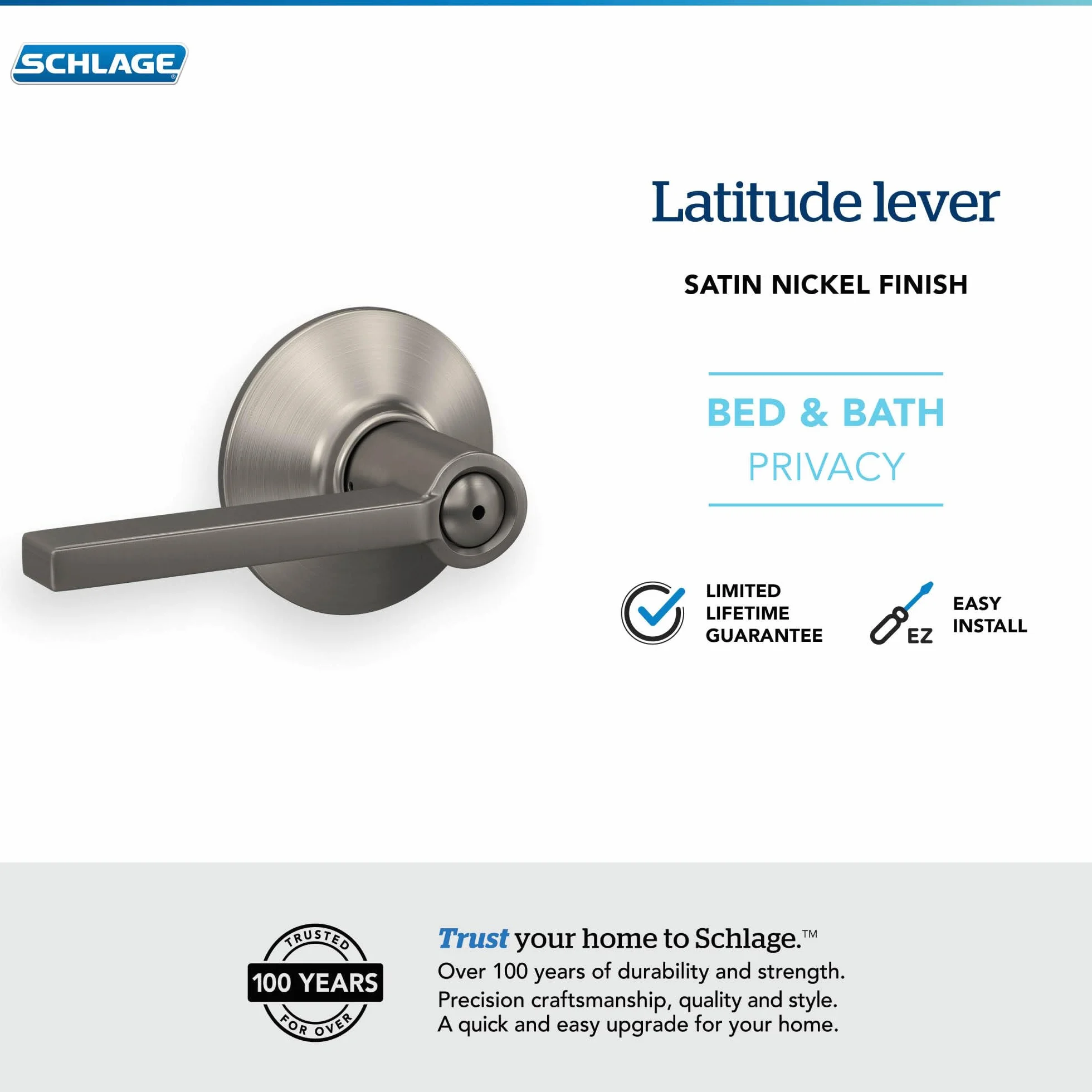 Schlage F40 LAT 619 Latitude Klamka do drzwi, zamek prywatności do łóżka i wanny, satynowy nikiel