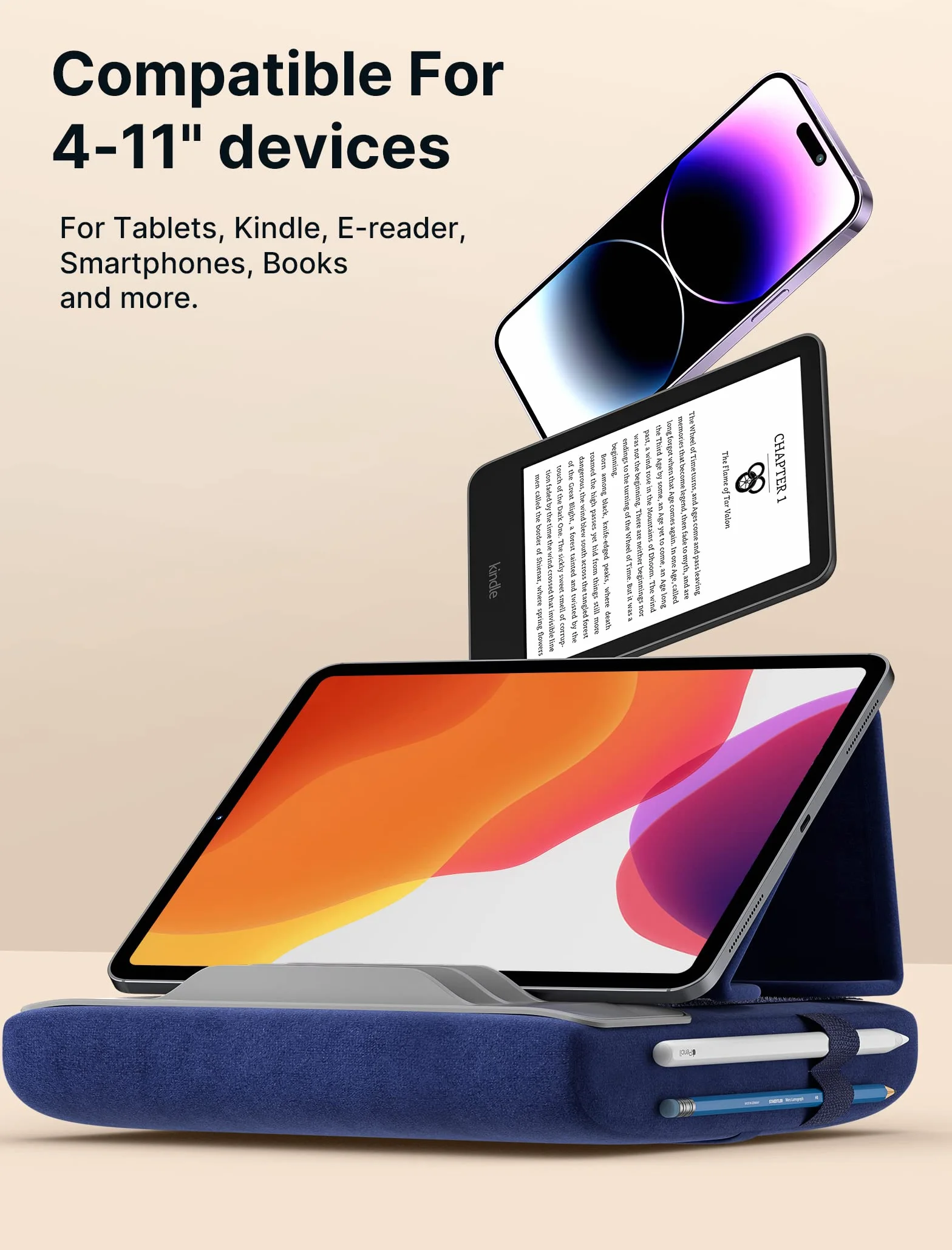JSAUX Uchwyt na tablet do łóżka, stojak na poduszkę na tablet Kompatybilny z iPadem Pro 11 10,5 9,7 10,2 Air Mini, Kindle, Tablet, telefony i inne urządzenia 4-11'' na kolana, łóżko i biurko Granatowy