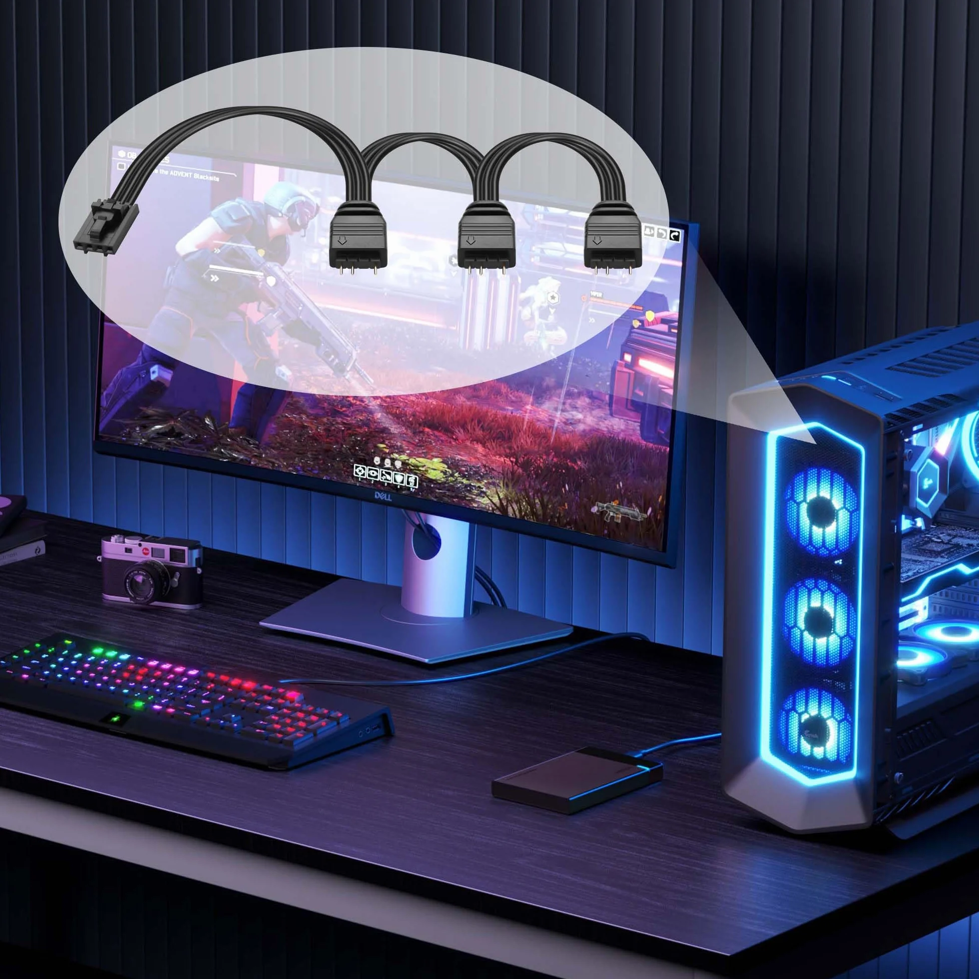 GINTOOYUN 2 x RGB Fan Splitter Cable 4-pinowy sterownik żeński do 3 5 V 3-pinowy konwerter RGB męski kabel 1 na 3 kable argb rozdzielacz do sterowania corext i inne (1 do 3)