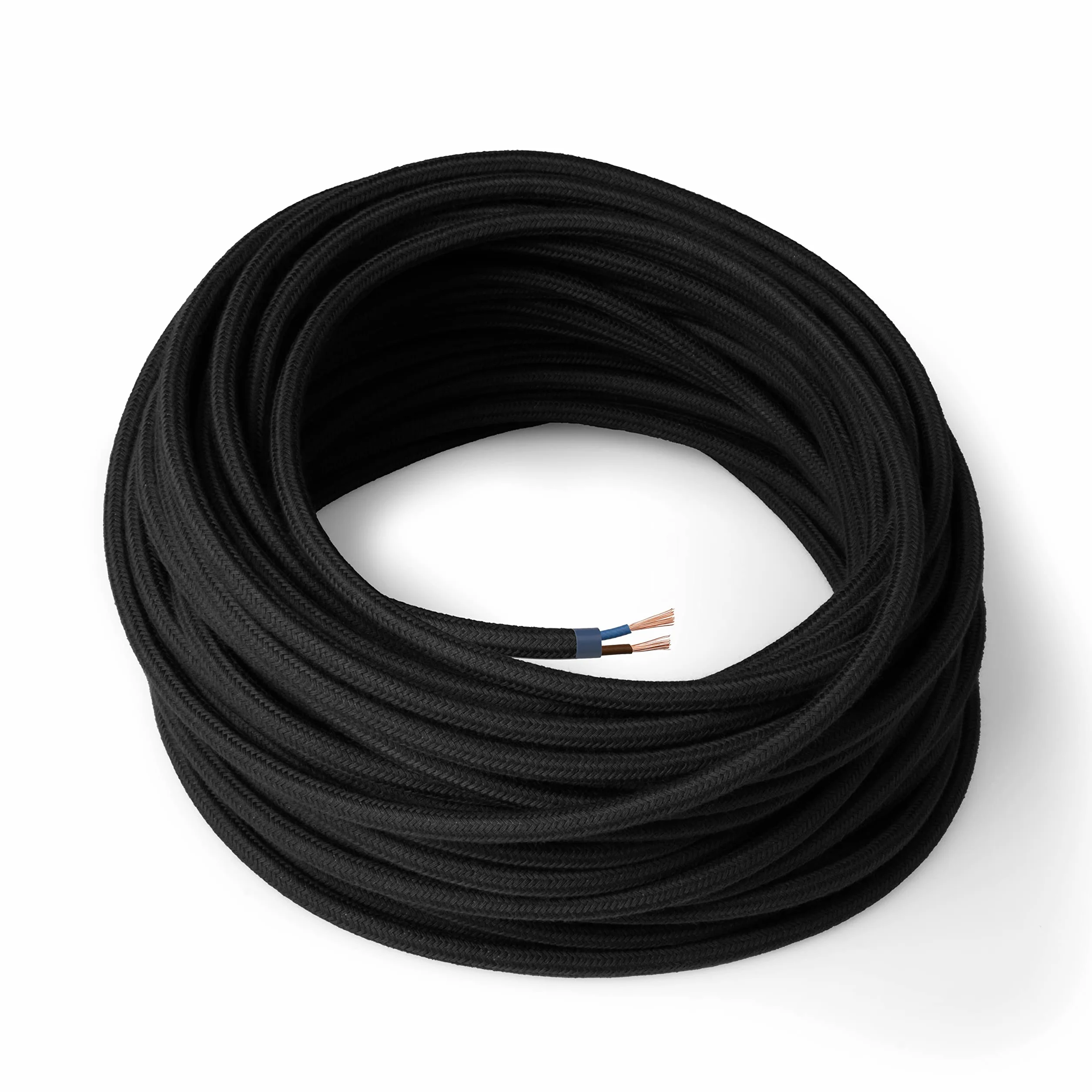Amarcords - Kolorowy tekstylny kabel elektryczny CZARNY, okr?g?y, bawe?na, 50 metrów, z dwoma przewodami 2x0,75 - Pokryty kolorow? tkanin? vintage kabel do lamp, yrandoli, kinkietów i aba?urów