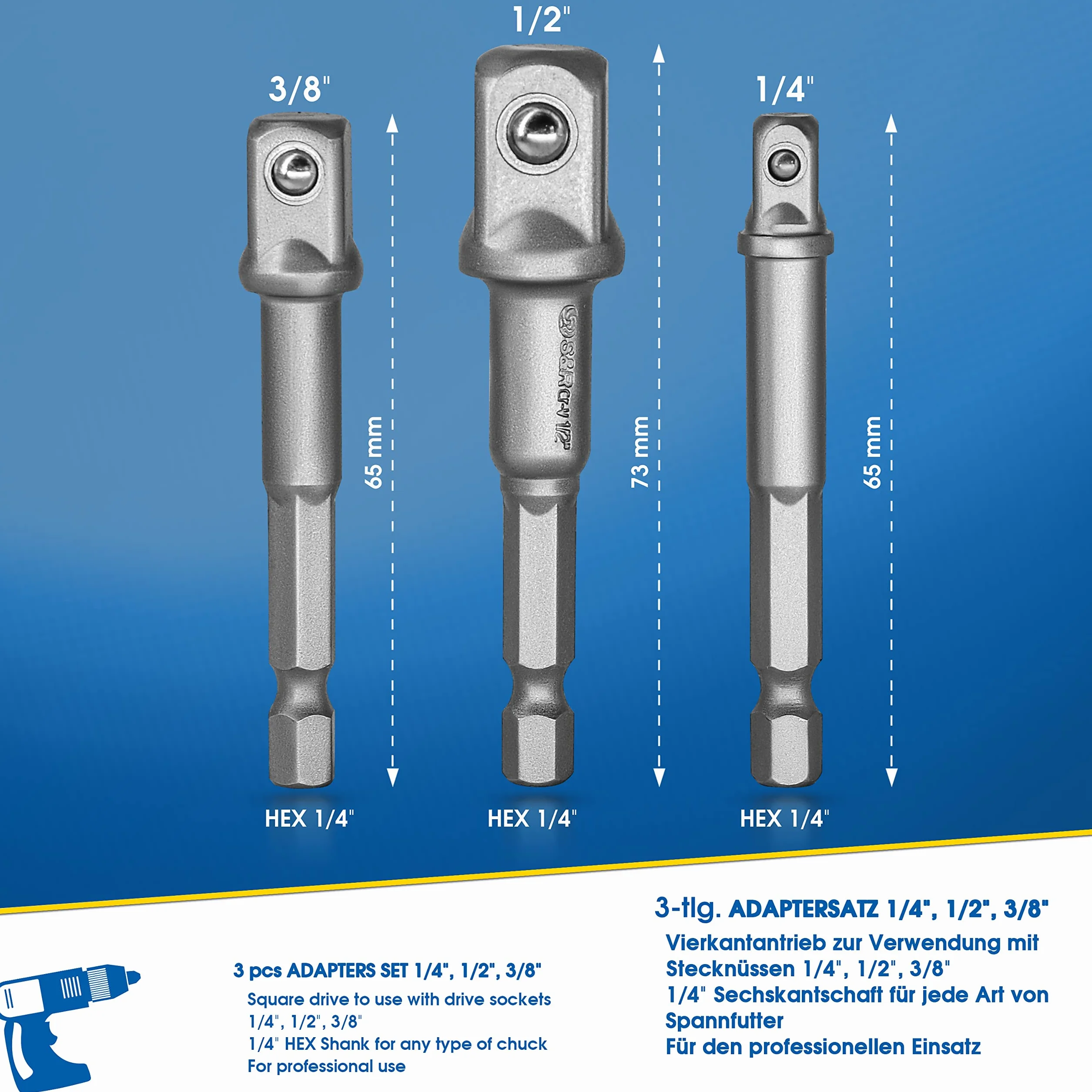 S&R Zestaw adapterów do kluczy nasadowych sześciokątnych na 1/4", 1/2", 3/8" czworokątny, do wiertarki i wkrętarki akumulatorowej, do wkręcania bez zagięcia, klucze nasadowe i nasadki nasadowe,
