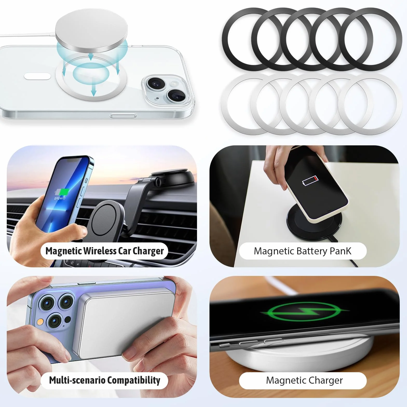 JJUNW 10 sztuk metalowych pierścieni z naklejką, samoprzylepne, magnetyczne pierścienie na telefon komórkowy, kompatybilne z ładowarką magnetyczną, pierścień metalowy do samochodu, uchwyt na telefon