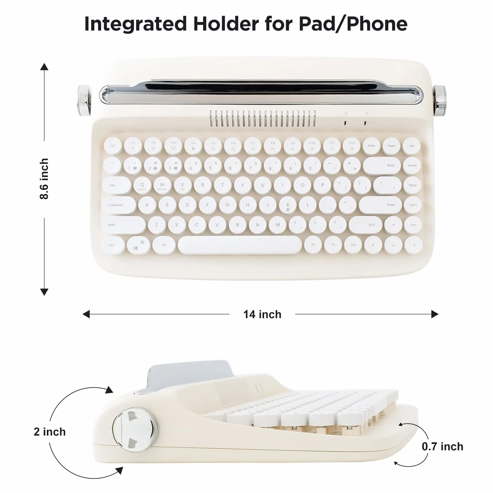 YUNZII ACTTO B303 bezprzewodowa klawiatura do pisania w stylu retro, klawiatura Bluetooth ze zintegrowanym stojakiem do wielu urządzeń, układ brytyjski (masło kości słoniowej)