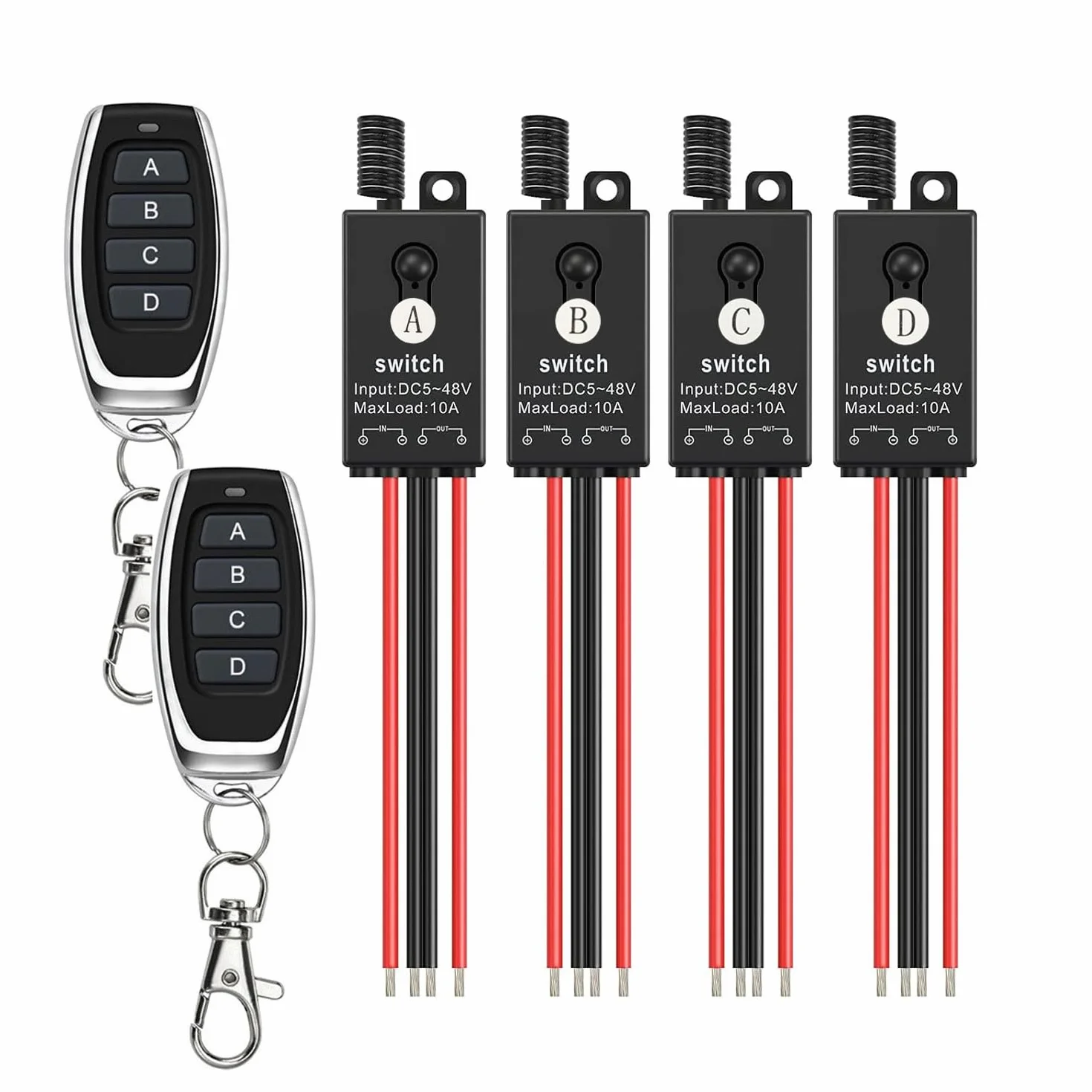 Zestaw bezprzewodowych włączników światła, 4-drożny mini przełącznik, DC 5 V/12 V/24 V/48/10 A, bezprzewodowy włącznik światła, pilot zdalnego sterowania o długości 328 ft, do silnika, światło