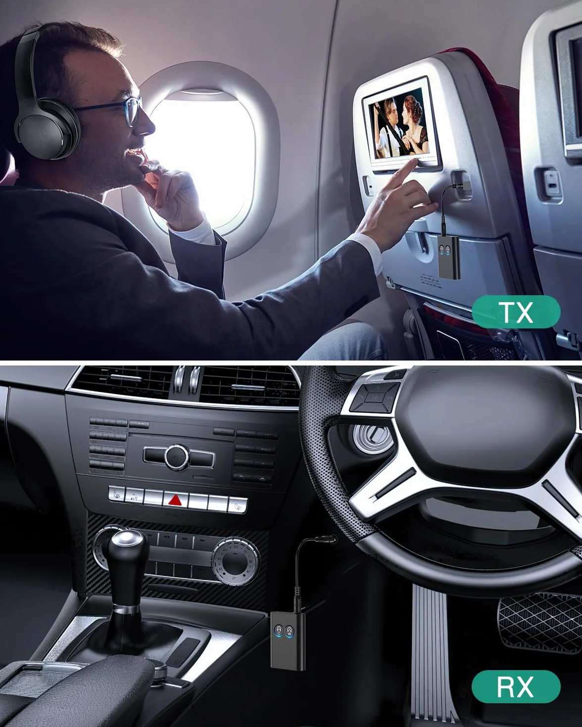 ORIA AptX Adaptive adapter 2 w 1 z podwójnym połączeniem i gniazdem 3,5 mm, bezprzewodowy konwerter audio do komputera, samochodu, gier, głośników, słuchawek i samolotu