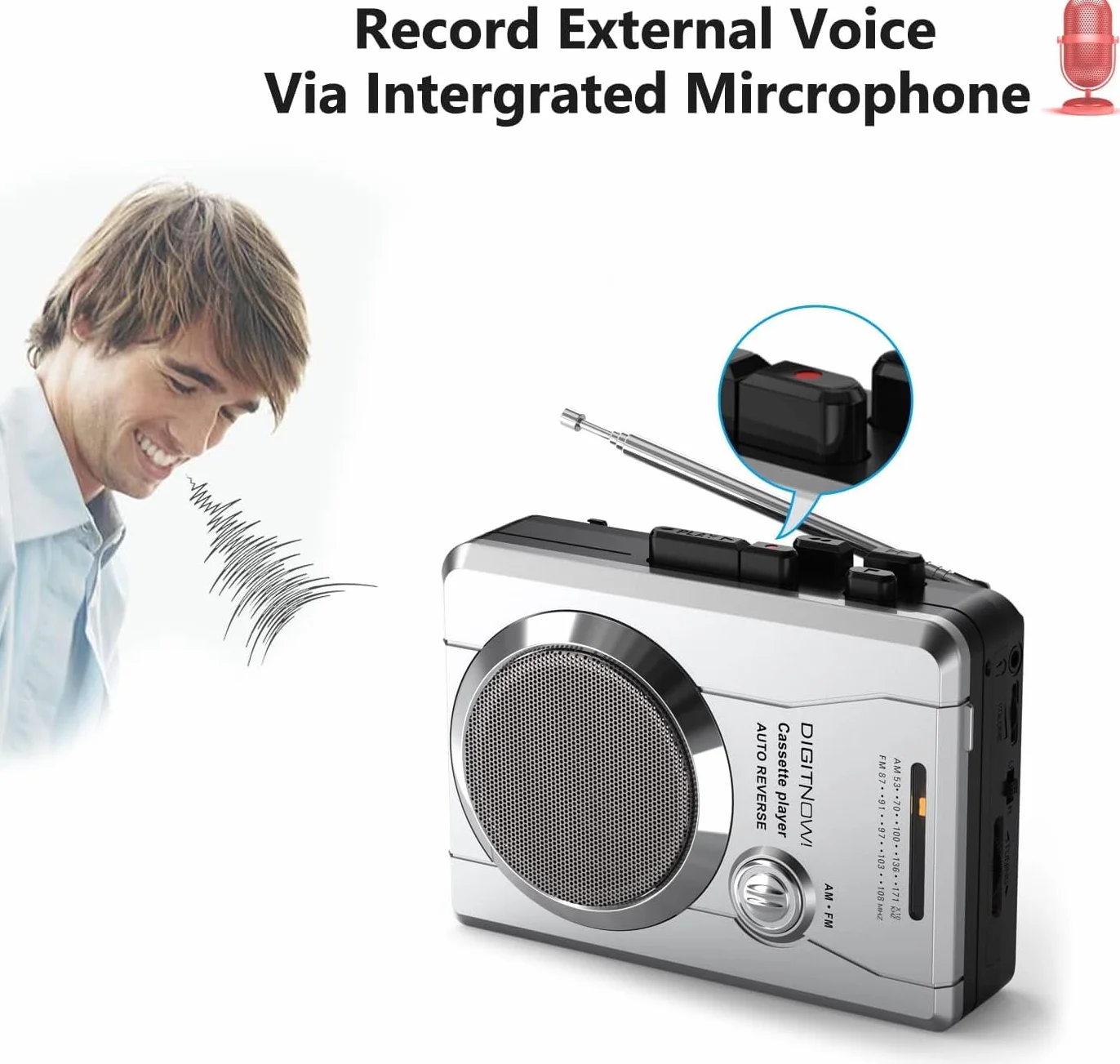 Walkman Przenośny Odtwarzacz Magnetofonowy Radio FM AM z Dyktafonem, Gniazdo 3,5 mm