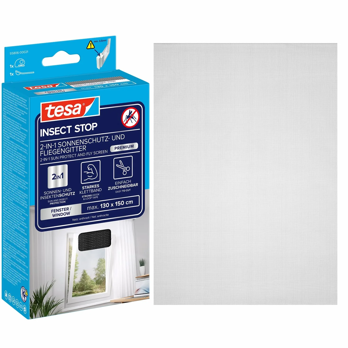 tesa INSECT STOP 2-in-1 Sun Protect and Fly Screen Premium for Windows - siatka z ochroną przeciwsłoneczną, bez wiercenia, antracyt-metalik - 130 x 150 cm