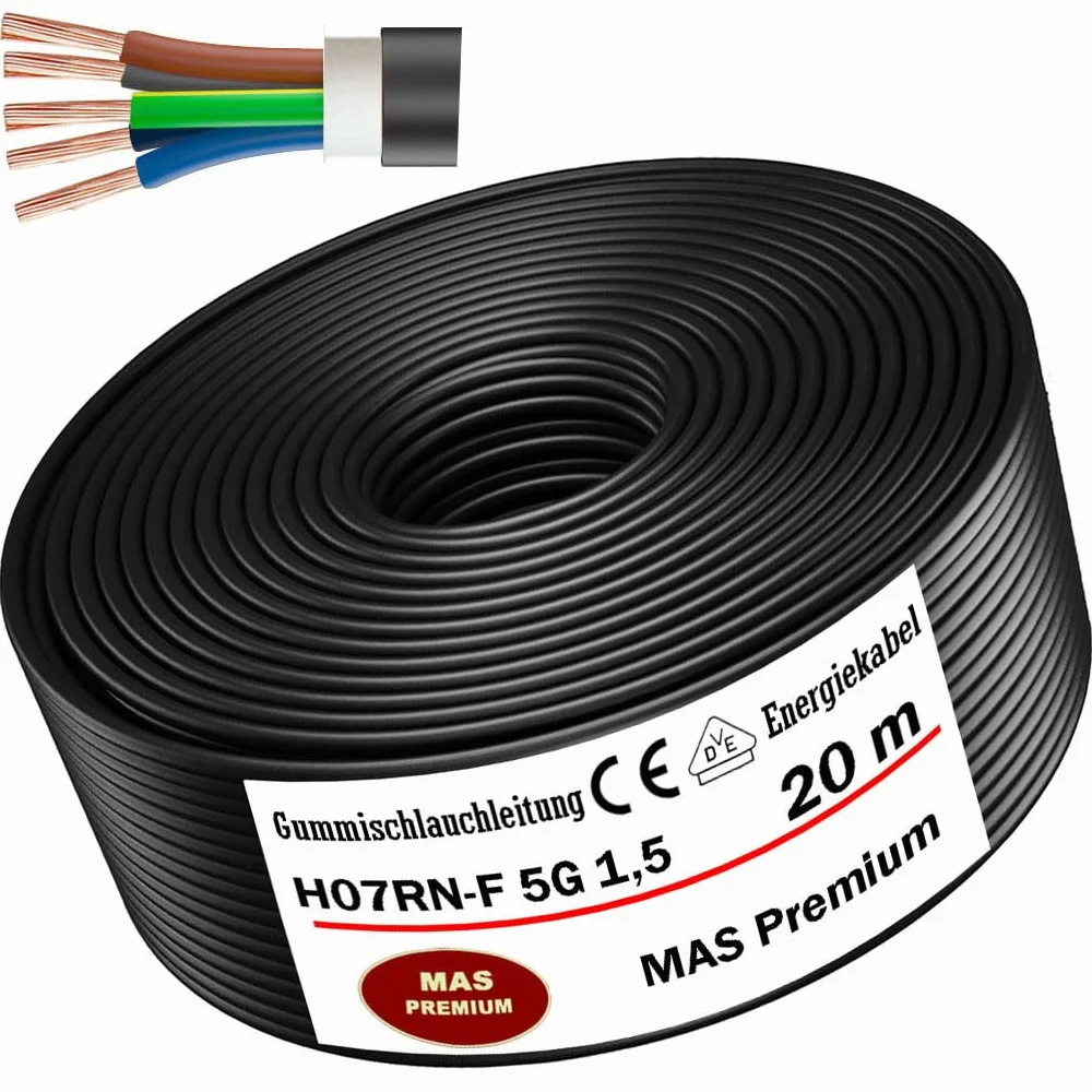 MAS Premium Przewód gumowy 5-100 m, kabel zasilający na plac budowy H07RN-F 5G1,5, 2,5, 4, 6 lub 10, elastyczny przewód z przewodem ochronnym do ciężkich urządzeń (H07RN-F 5G1,5 mm², 20 m)