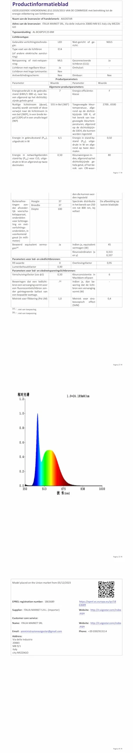Aigostar - Inteligentna żarówka C37 Mesh Bluetooth. 2700–6500K, ściemnialna RGB. Gwint E14, 6,5 W, 555 lm. Inteligentna żarówka LED kompatybilna z Alexą. W zestawie pilot. 6 sztuki