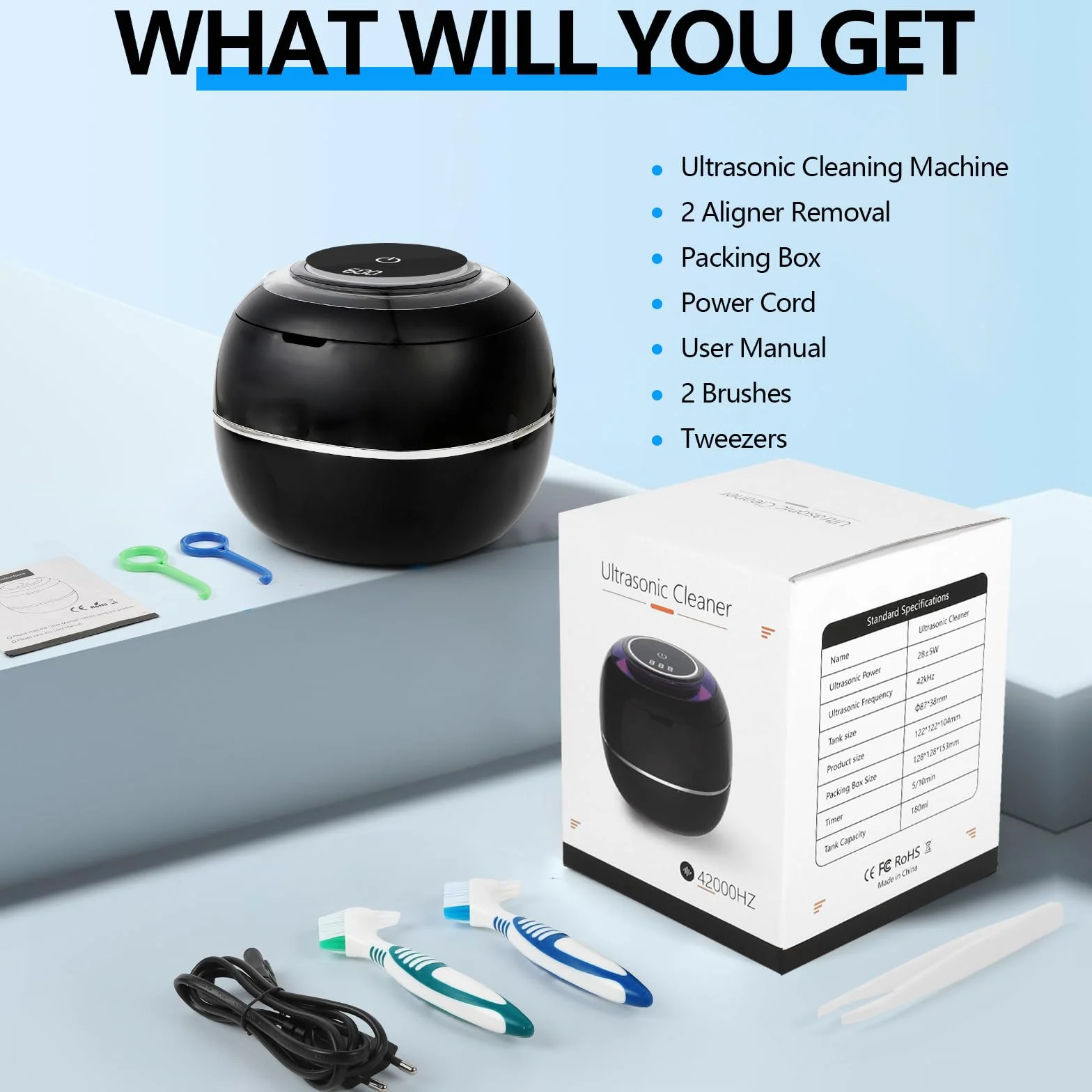 Ultrasoniczne urządzenie do czyszczenia protez, 42000 Hz, 180 ml, ultradźwiękowe urządzenie do czyszczenia UV, 30 W, do protez zębowych, korektorów, ochraniaczy i ochrony jamy ustnej (czarne)