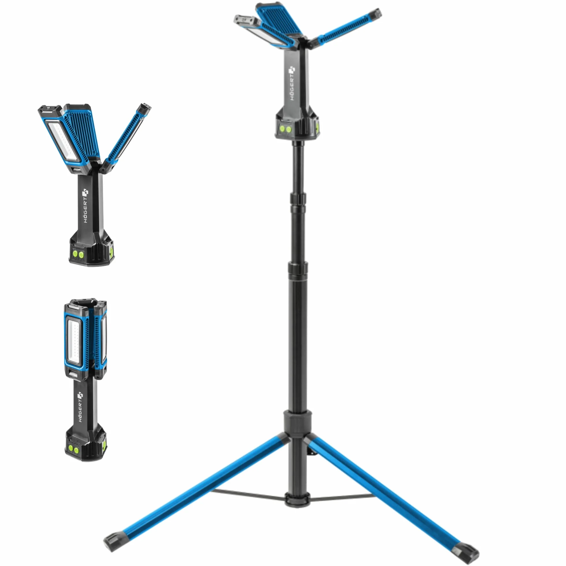 Högert Technik Aluminiowy reflektor budowlany LED z możliwością ponownego ładowania ze statywem 7000 lm, oświetlenie 360°, IP54, ochrona przed kurzem i wodą rozbryzgową, IK09, odporny na uderzenia