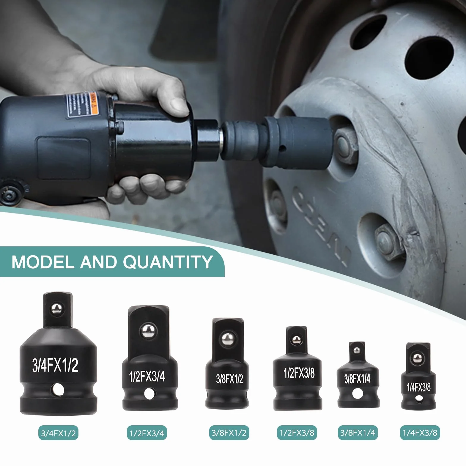 6-częściowy zestaw adapterów nasadowych, 1/4" 3/8" 1/2" 3/4", adapter redukcyjny do napędu czworokątnego, adapter narzędziowy do grzechotki i drążka dynamometrycznego