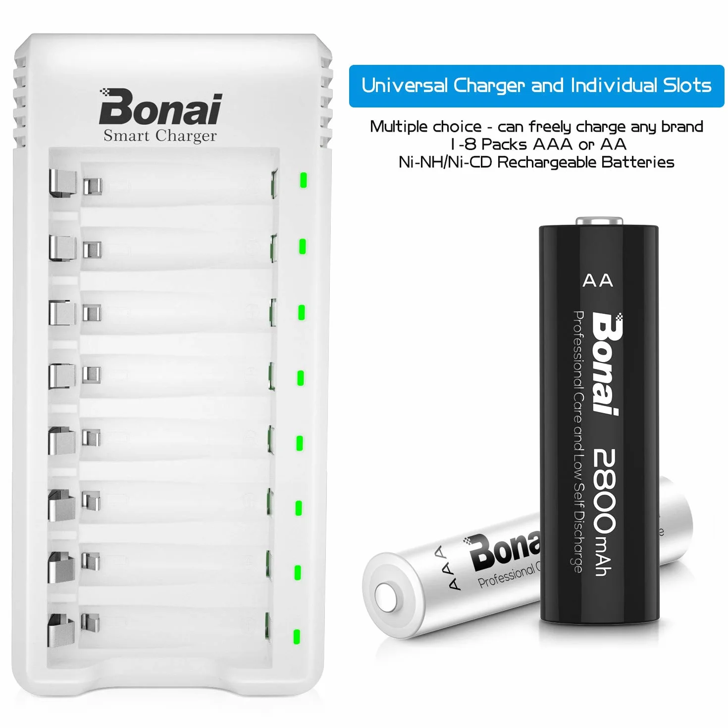 BONAI Akumulatory AAA i 8-gniazdowa ładowarka z kablem USB – Zestaw