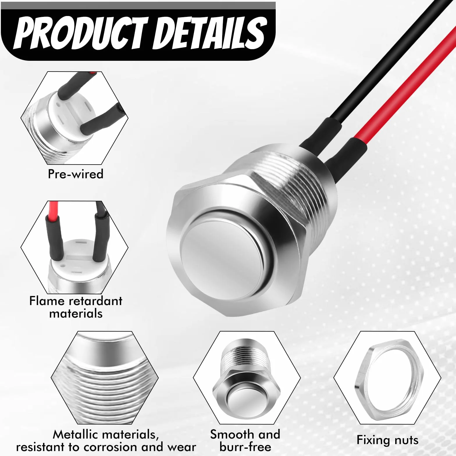 10 sztuk wodoszczelnych przycisków, przycisk 12 mm z drutem, chwilowy przełącznik ciśnieniowy ze stali nierdzewnej, przełącznik 5 A, 12 V/24 V//125 V/250 V, do klaksonów, elektrycznego dzwonka