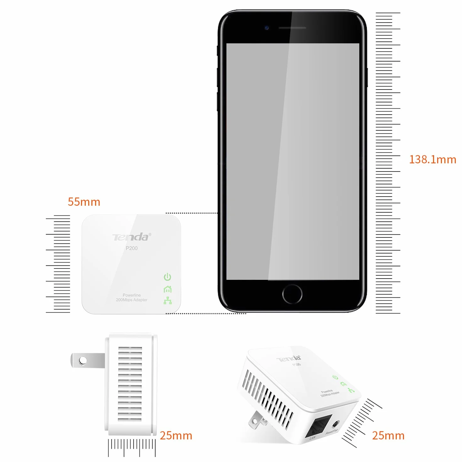 Tenda P200 Powerline Adapter KIT (200 MBit/s, HomePlug AV, 2 porty LAN, 128-Bit AES Encryption, Plug & Play, gniazdo internetowe kompatybilne ze wszystkimi adapterami Powerline) biały