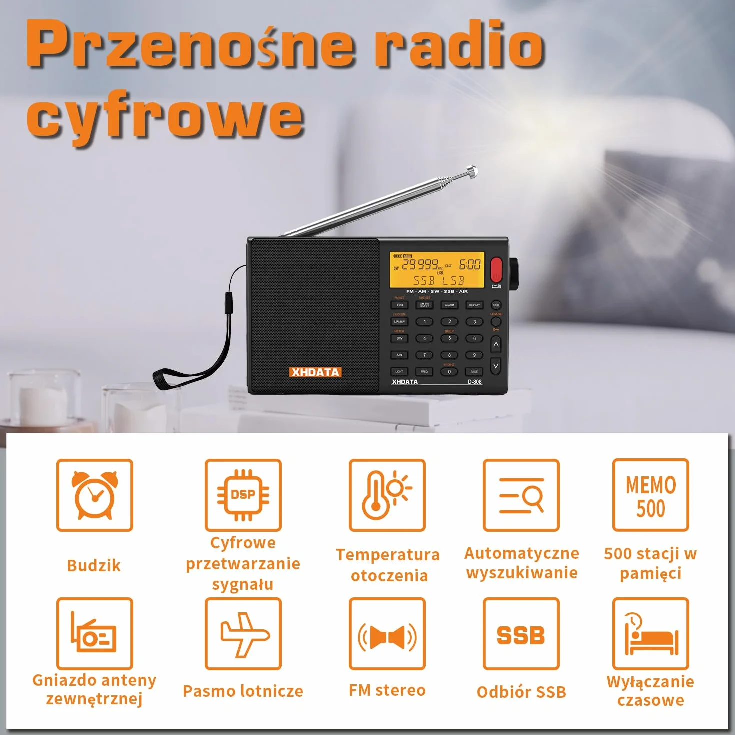 XHDATA D808 Przenośne radio cyfrowe FM Stereo MW SW LW SSB Airwave World Receiver RDS