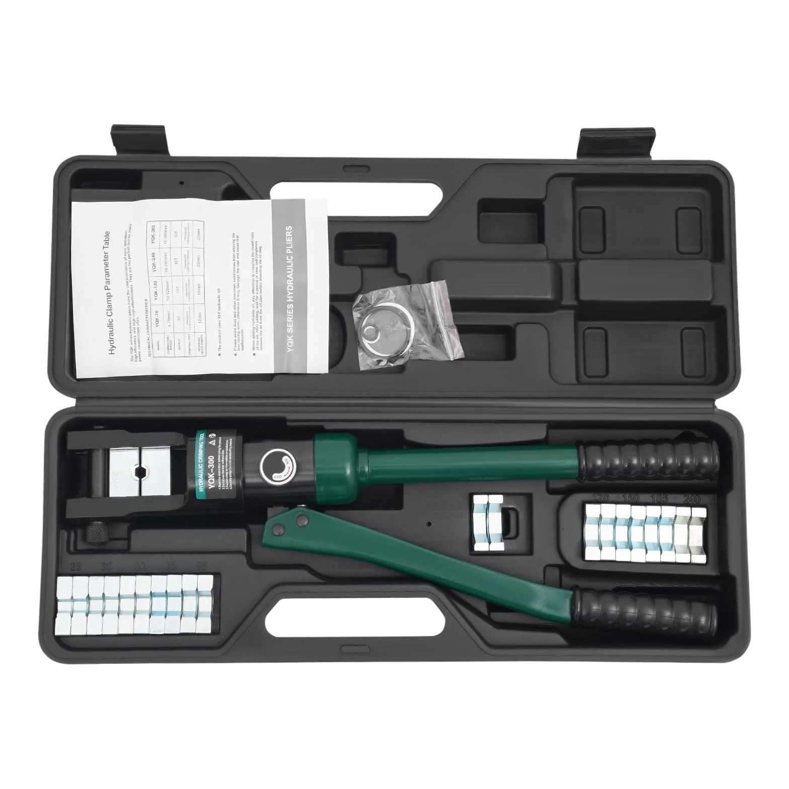 Hydrauliczne szczypce zaciskowe 120 KN z 11 matrycami 16-300 mm², szczypce zaciskowe do końcówek kablowych i rur – ręczne narzędzie do zaciskania do instalacji elektrycznej i przemysłu (zielone/czarne