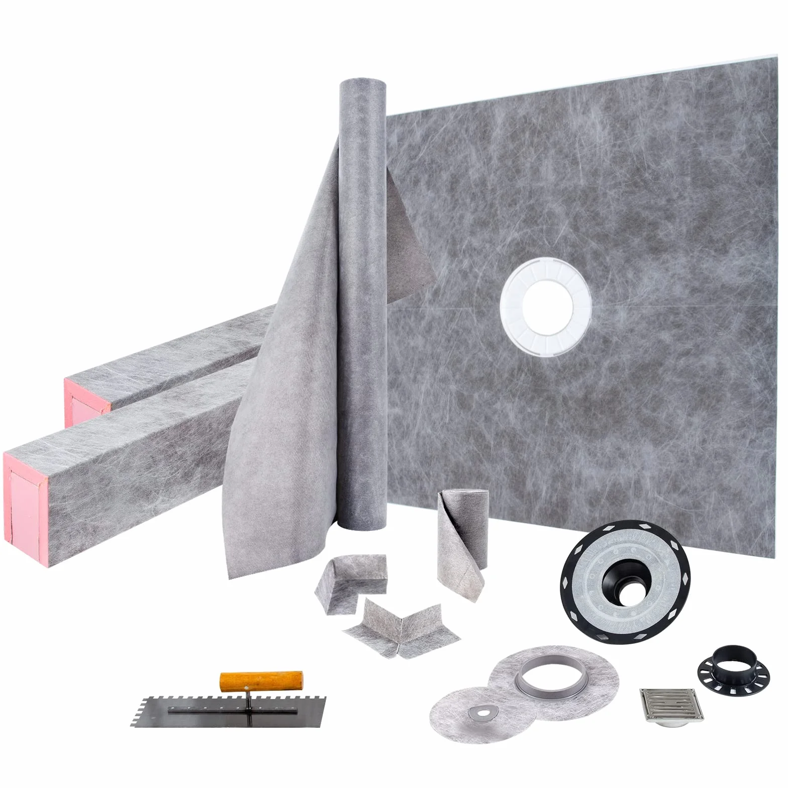 VEVOR Zestaw brodzika prysznicowego 1219 x 1219 mm, wodoodporny próg prysznicowy z centralnym odpływem ABS, kratka ze stali nierdzewnej 10 cm, 2 krawędzie prysznica i kielni do przycięcia, brodzik