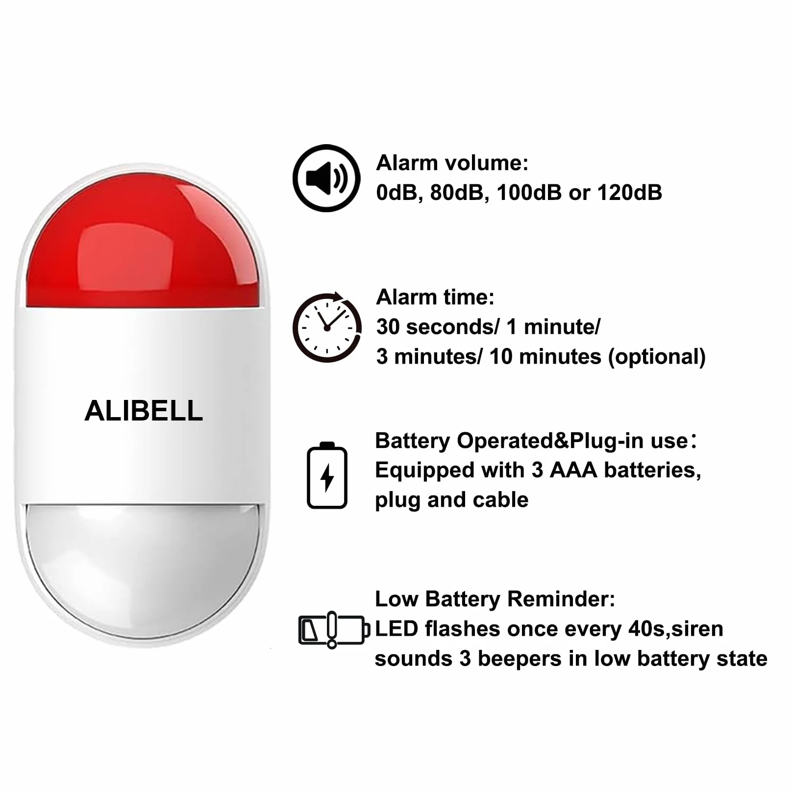 ALIBELL Syrena osobista 120 dB, przycisk awaryjny, system bezpieczeństwa do domu/sklepu/fabryki, 2 przyciski alarmowe + 1 syrena (zasilanie bateryjne i ładowanie przez USB)