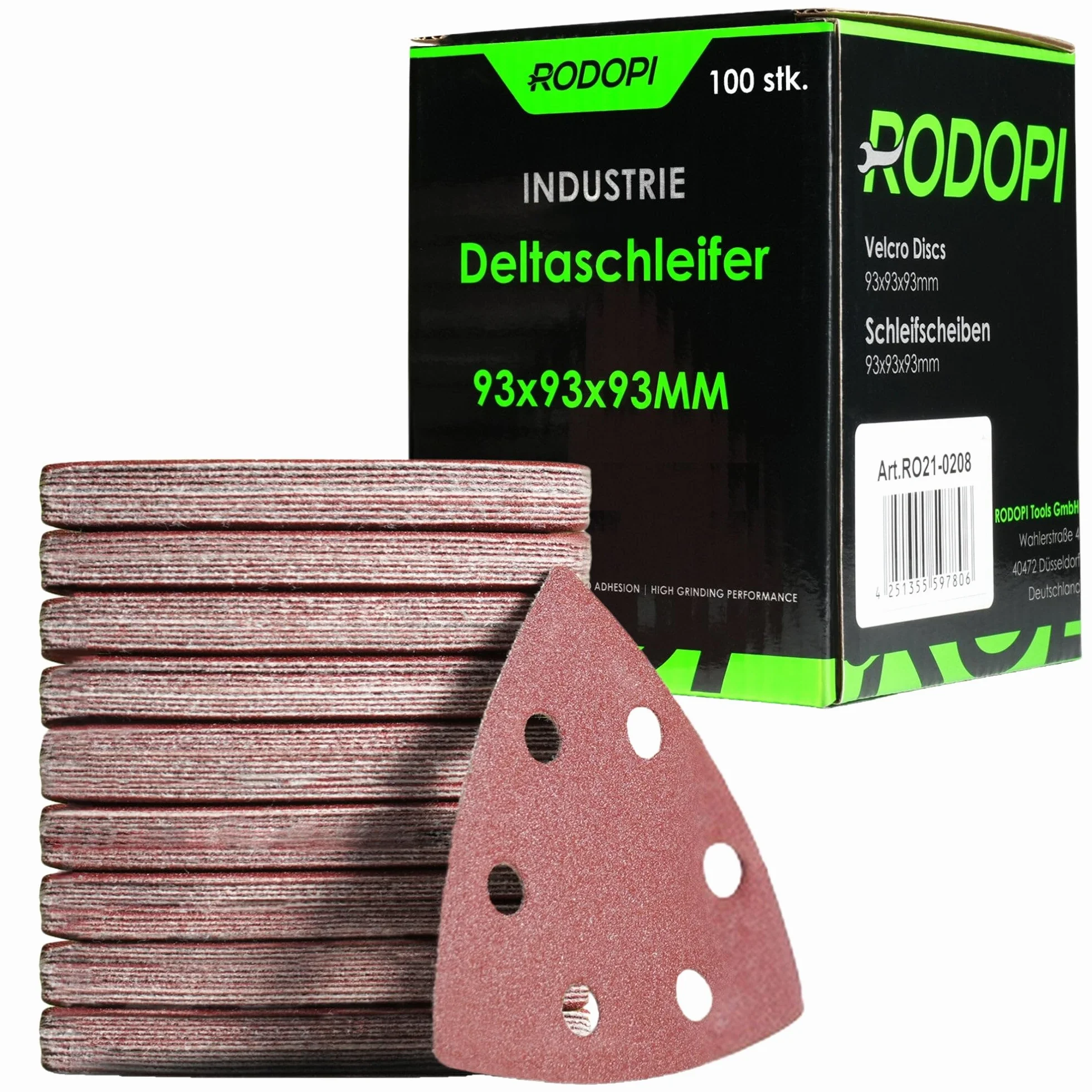 RODOPI RedDevil papier ścierny trójkątny dla szlifierki delta, ziarnistość 40-320, cyrkon korund na rzep, 93x93x93 mm, papier ścierny delta, 6 otworów dla szlifierki trójkątnej - 50 sztuk mix