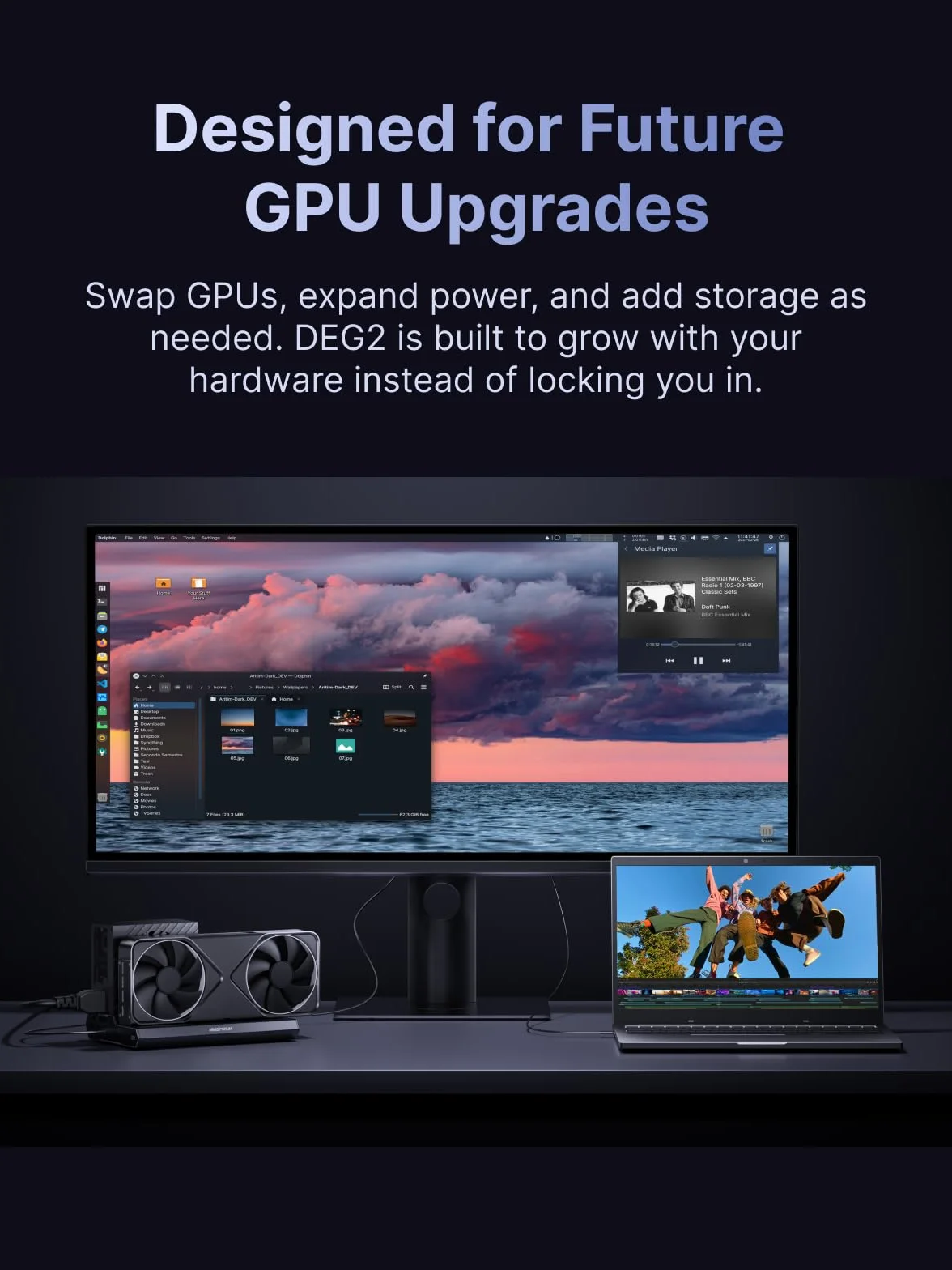 MINISFORUM DEG2 Thunderbolt 5 (80 Gb/s, 140 W) i stacja dokująca OCuLink eGPU, PCIe x16, z gniazdem M.2 NVMe, obsługuje zasilacze ATX/SFX