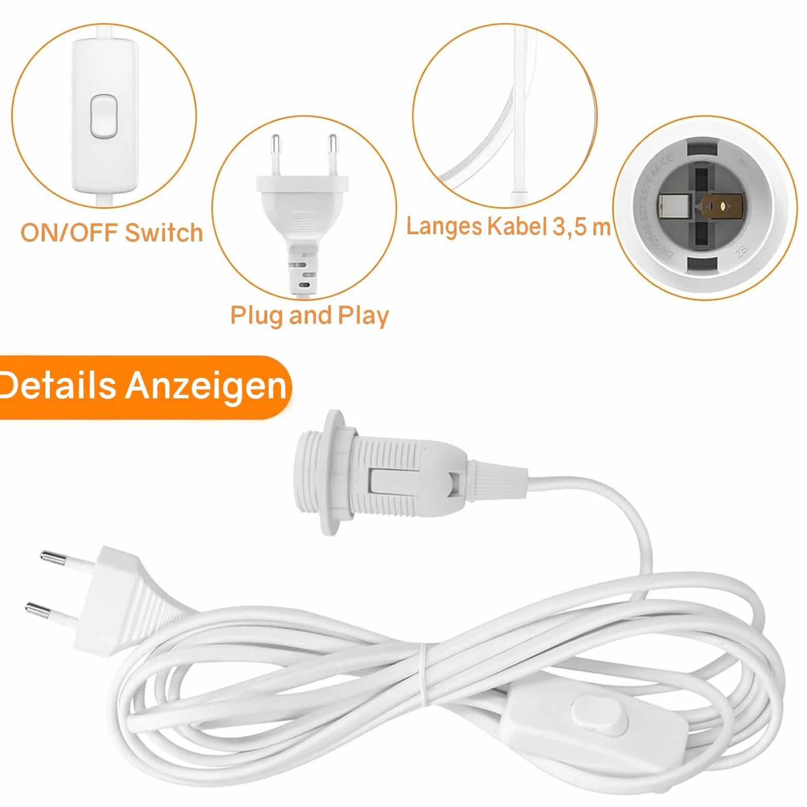 VIEVRE 3,0 m oprawka lampy E14 z kablem, oprawka lampy z przełącznikiem, oprawka E14 z wtyczką maks. 60 W 250 V do zawieszenia lamp, lamp DIY, lampa sufitowa, biała