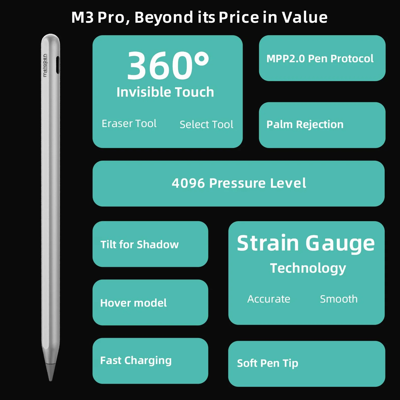 Metapen M3 Pro rysik powierzchniowy 360°, ciśnienie 4096, czuły, powierzchnia Pro 7/7+/8/9/X, Surface Go 3, Book 3, laptop 4/Studio 2, ASUS VivoBook Flip 14