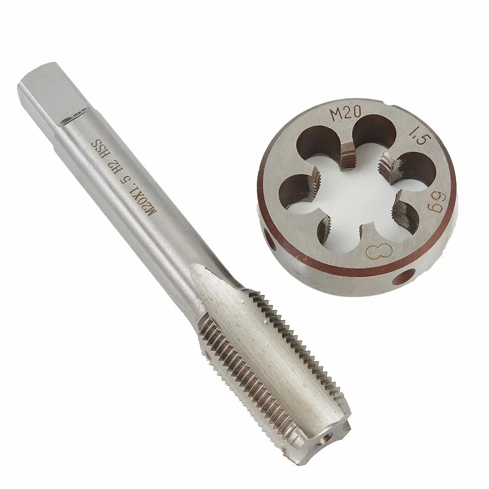 Zestaw gwintowników i narzynek, gwintowniki i narzynki do gwintów okrągłych, zestaw gwintowników ze stali szybkotnącej, gwint metryczny prawy M20 x 1,5 mm, srebrny