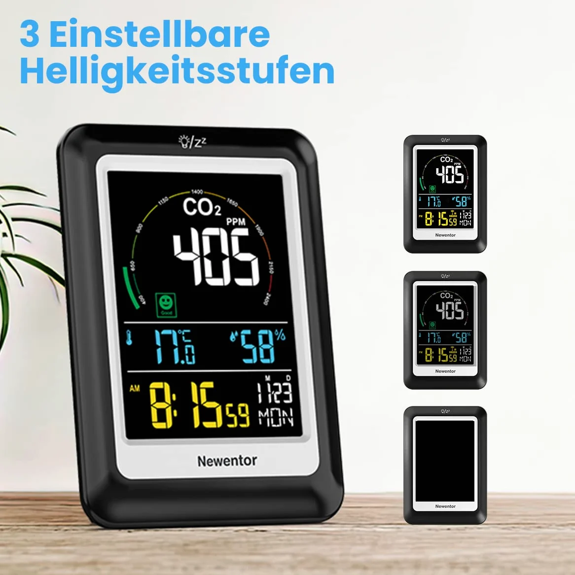 Newentor Miernik CO2, 4 poziomy koncentracji CO2 z alarmem i zaleceniami wentylacji, zasilanie bateryjne i złącze USB z 3 poziomami jasności, nadaje się do przedszkola, biura, salonu, NDIR