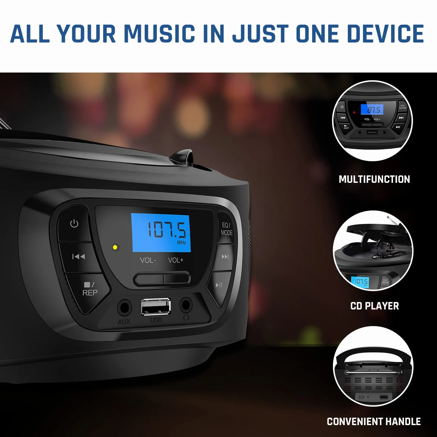 KLIM CD Boombox Portable Audio CD Player - NOWA WERSJA - Radio FM, Akumulator, Bluetooth, MP3 i AUX. Wyposażony w głośniki neodymowe Super Bass, ulepszony obiektyw lasera CD - czarny