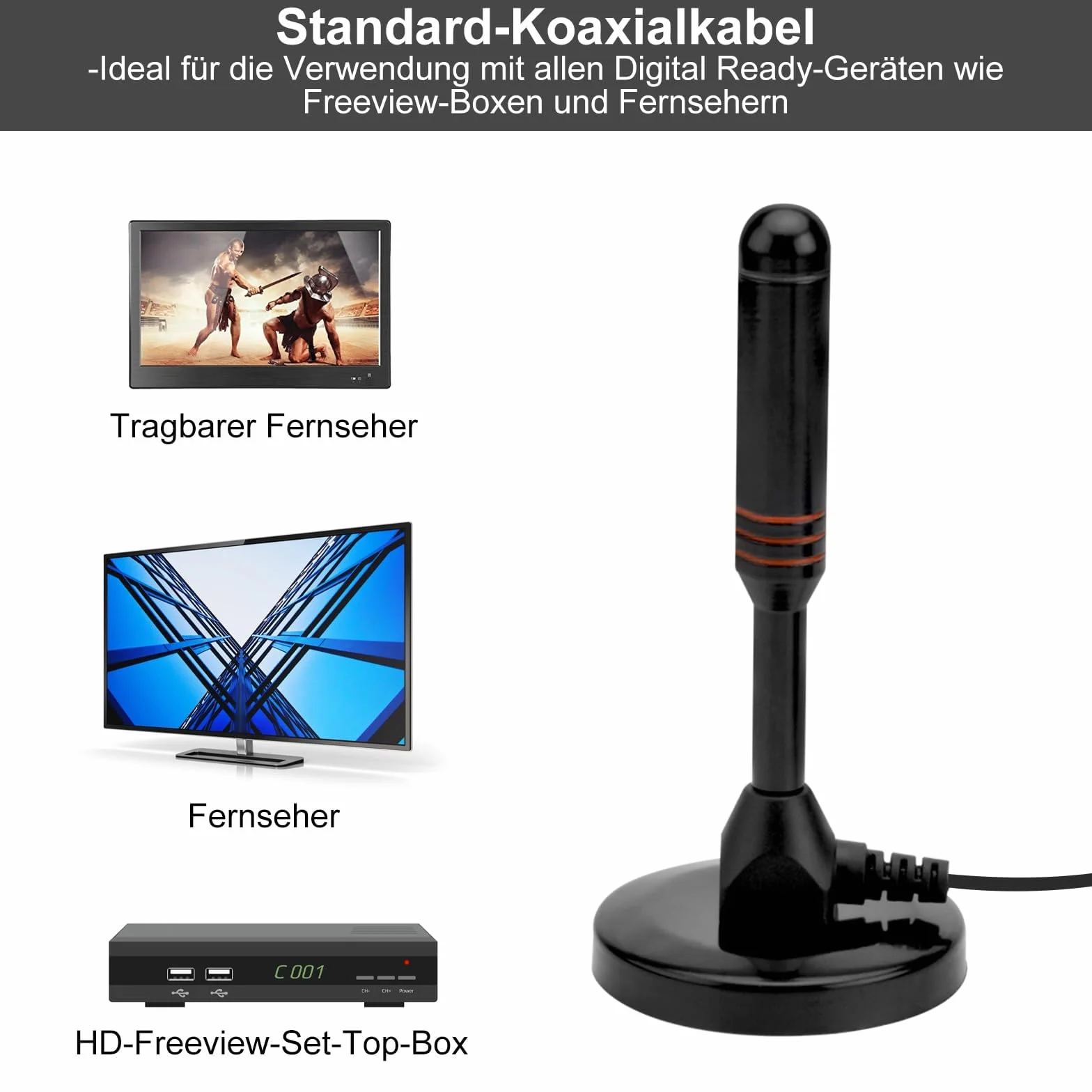 Antena DVB-T2, cyfrowa antena pokojowa do telewizorów, dvbt2 antena ze wzmacniaczem, odbiór 360 stopni, z podstawą magnetyczną, kabel 5 m, obsługuje kanały HD 4K i wszystkie urządzenia telewizyjne
