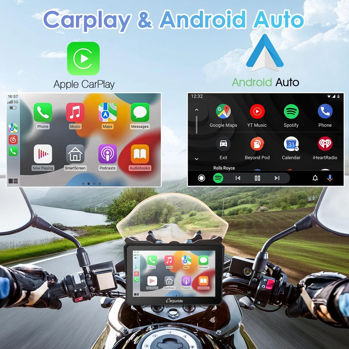 Carpuride W702 Motocyklowy ekran Carplay, bezprzewodowy CarPlay i Android Auto, wodoodporny ekran dotykowy 17.8 cm, podwójny Bluetooth, nawigacja, Siri.