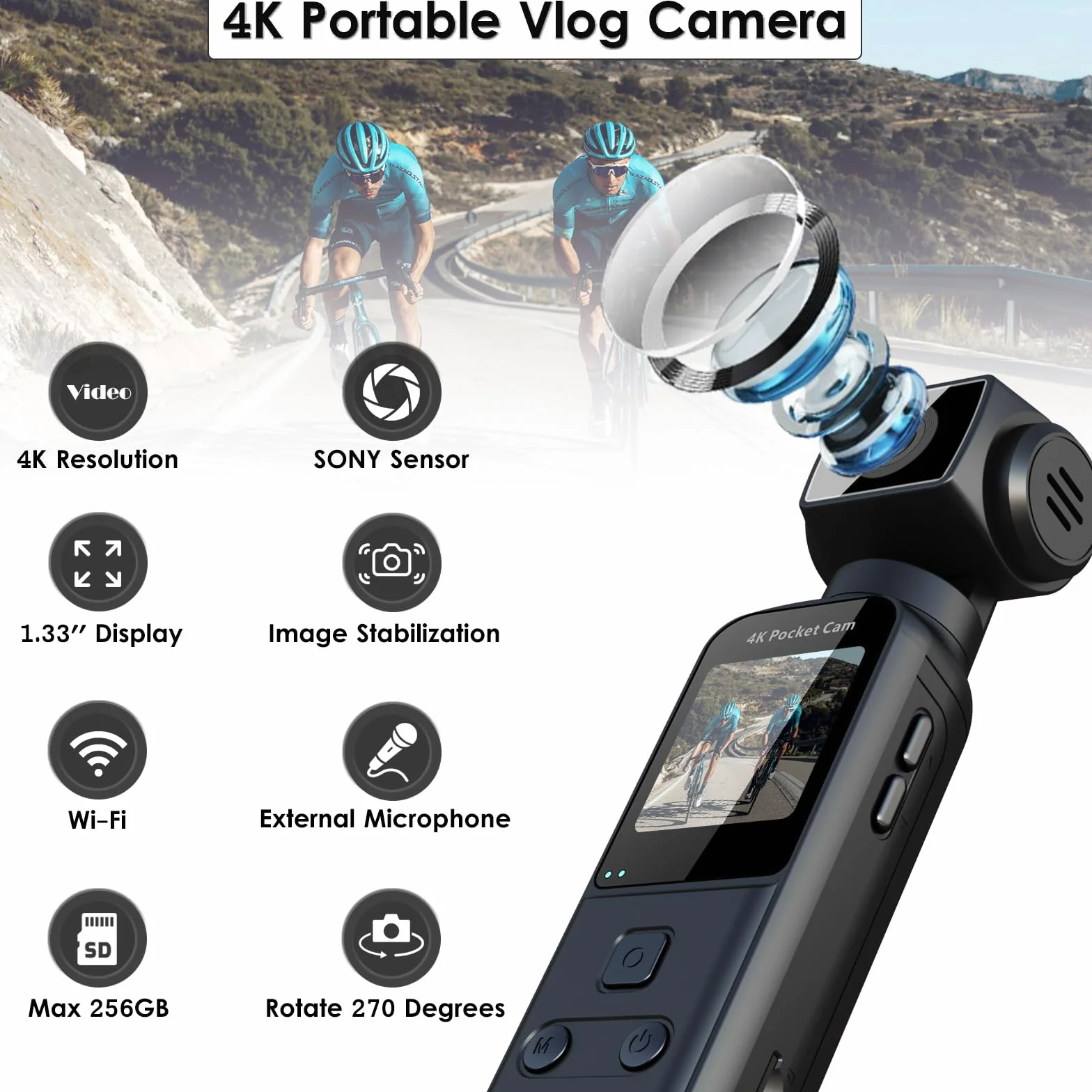 Kamera do ciała 4K obiektyw obracany 270° zewnętrzny mikrofon karta 64 GB sportowa