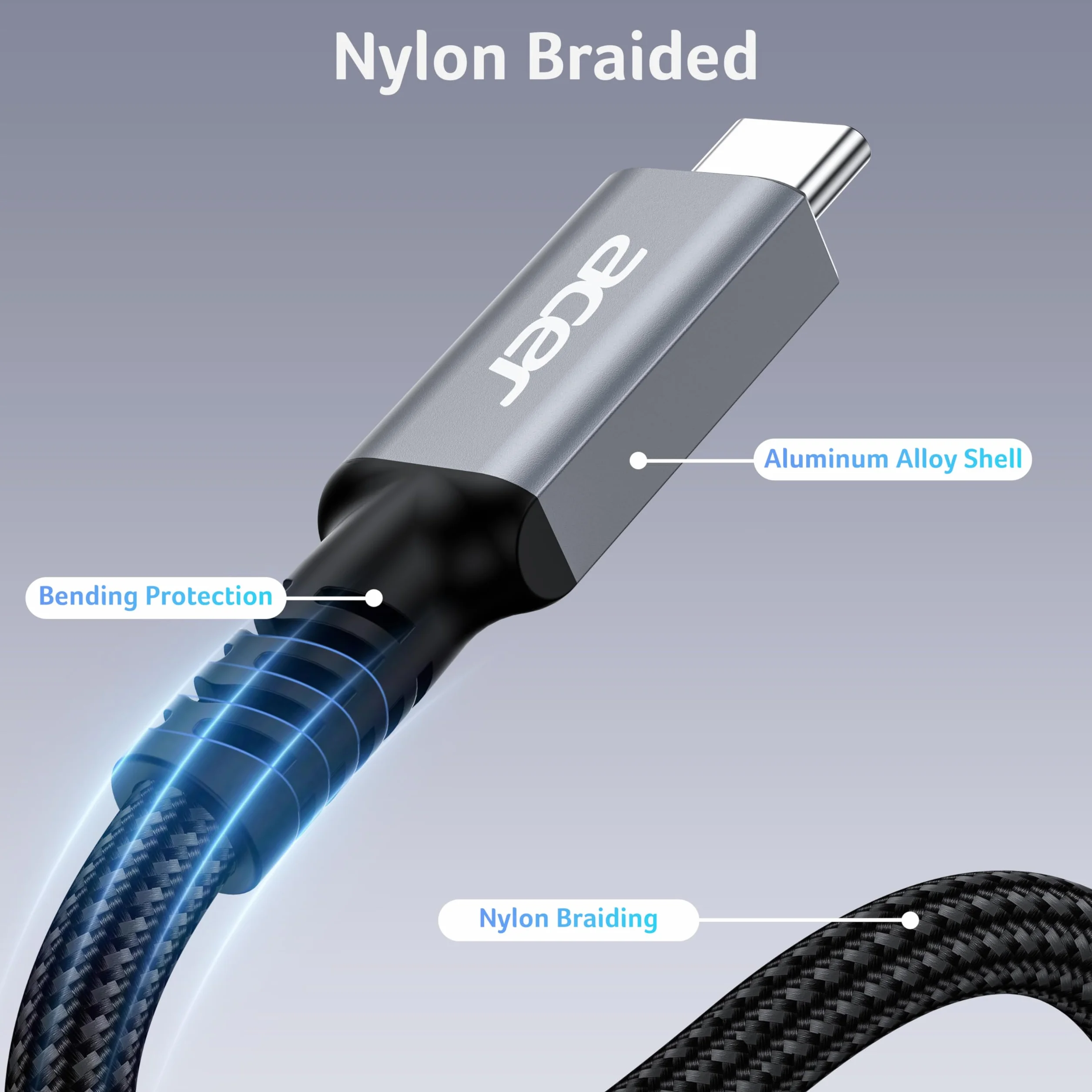 Acer Kabel USB 4, 1m pleciony kabel USB-C 8K@60Hz do wyświetlacza, Przewód USB-C 40Gbps, Szybkie ładowanie 240W, Thunderbolt 4/3, Kompatybilny z TB4, Do iPhone'a 16, Macbooka, iPada, dysku SSD, itp.