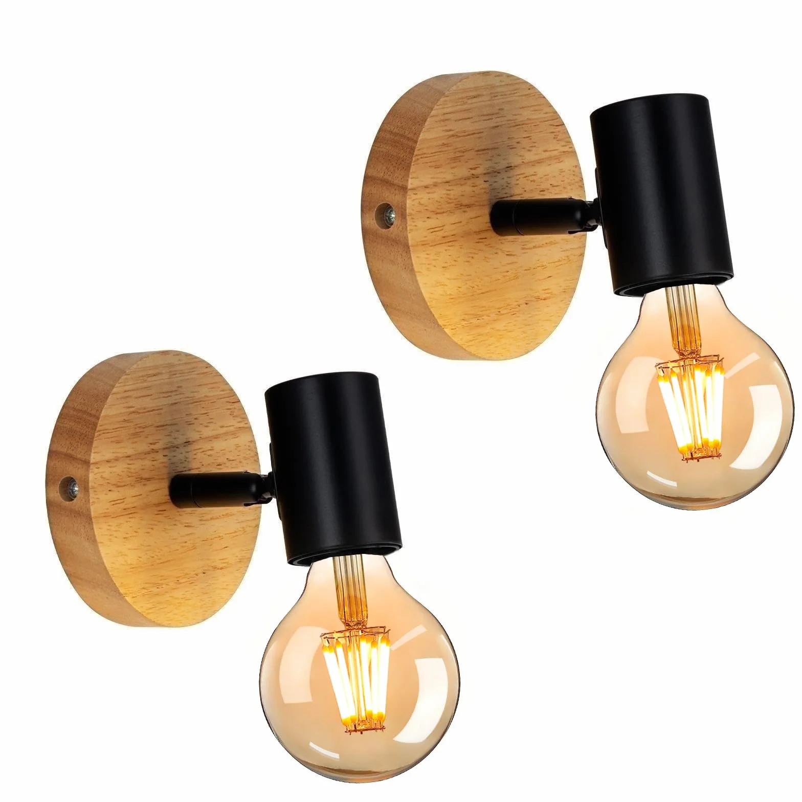2-częściowa Lampa Ścienna Wewnętrzna, Kinkiet Ścianny, Kinkiet Drewniany, Obrót 350° E27 Vintage Oświetlenie Wewnętrzne do Sypialni, Salonu, Korytarza, Restauracji