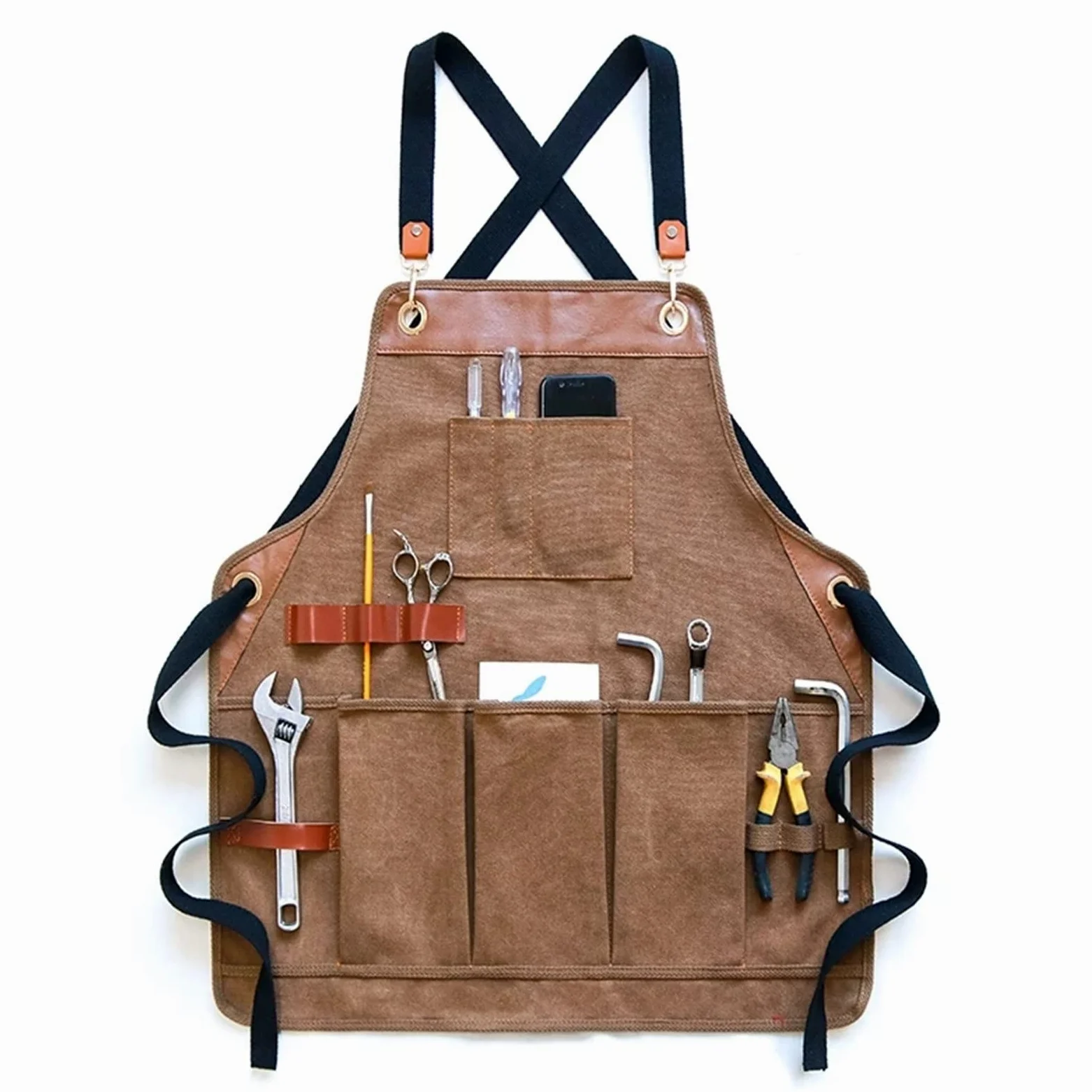 Gardening Tools Apron płócienny fartuch narzędziowy, wzmocnienie skórzane, dodatkowe kieszenie