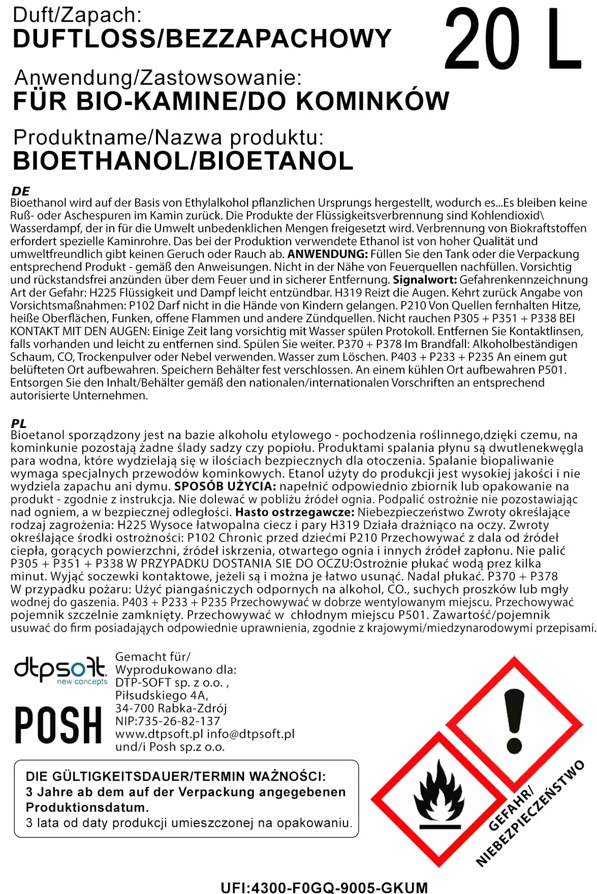 40 l Bioetanol Premium 96,6% czysty, 2x20 litrów ekologicznego paliwa do kominka etanolowego, czystego spalania, bez dymu, żywego i stabilnego płomienia (bezwonny)