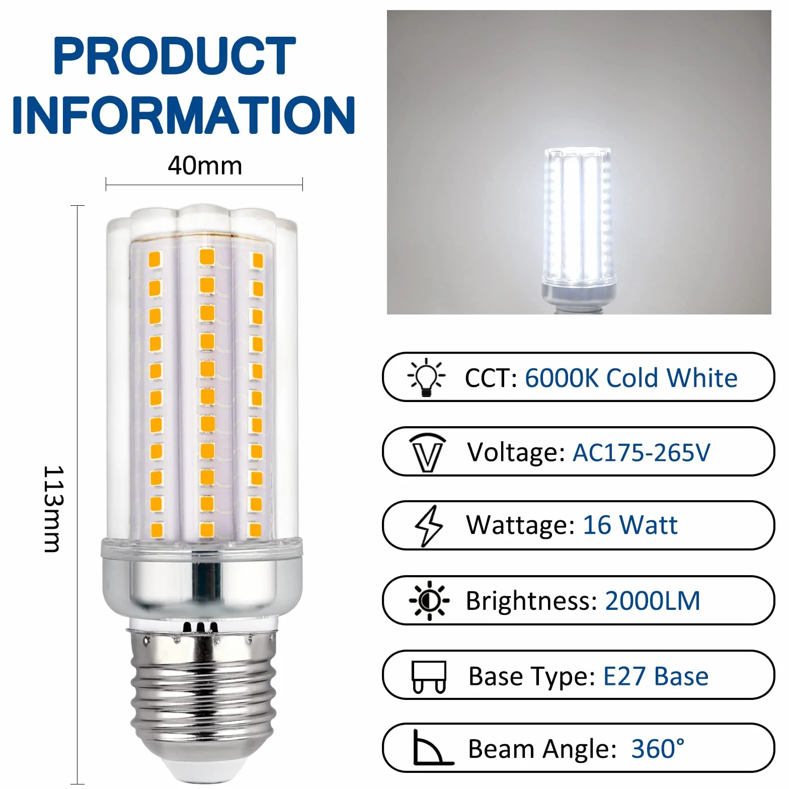 Żarówka Ale E27 LED 16W Zimna biel 6000K, 2000 lm, światło 360°, odpowiednik Halogenu E27 150W 120 W, AC 220V, E27 LED, ale lampa sufitowa, nieściemnialna, zestaw 5 szt
