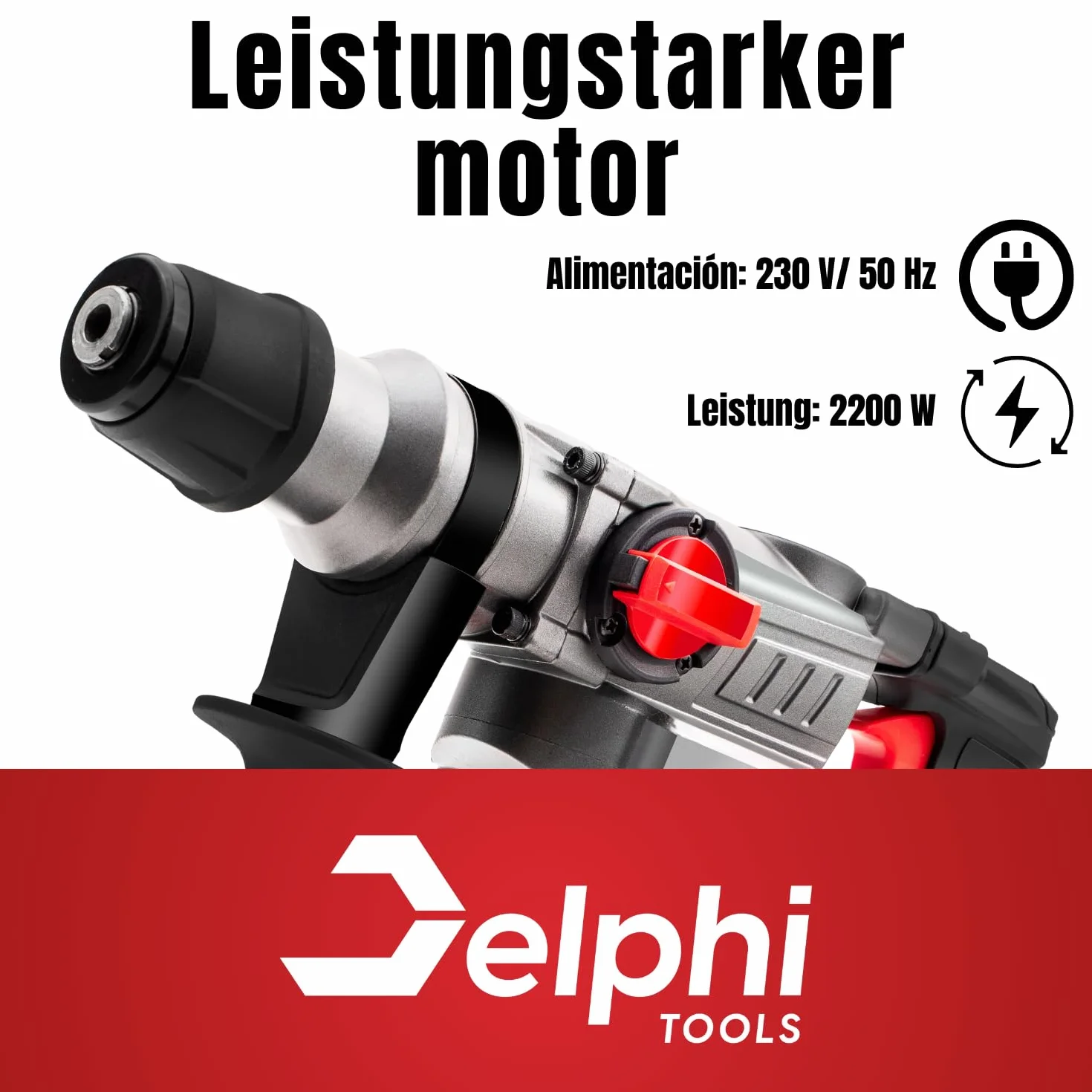 Delphi SDS Plus Młot udarowo-obrotowy 2200 W – młot wyburzeniowy i wiertarka udarowa SDS+, 3 funkcje w jednym narzędziu, 880 obr./min, zestaw wierteł i dłut, akcesoria i walizka