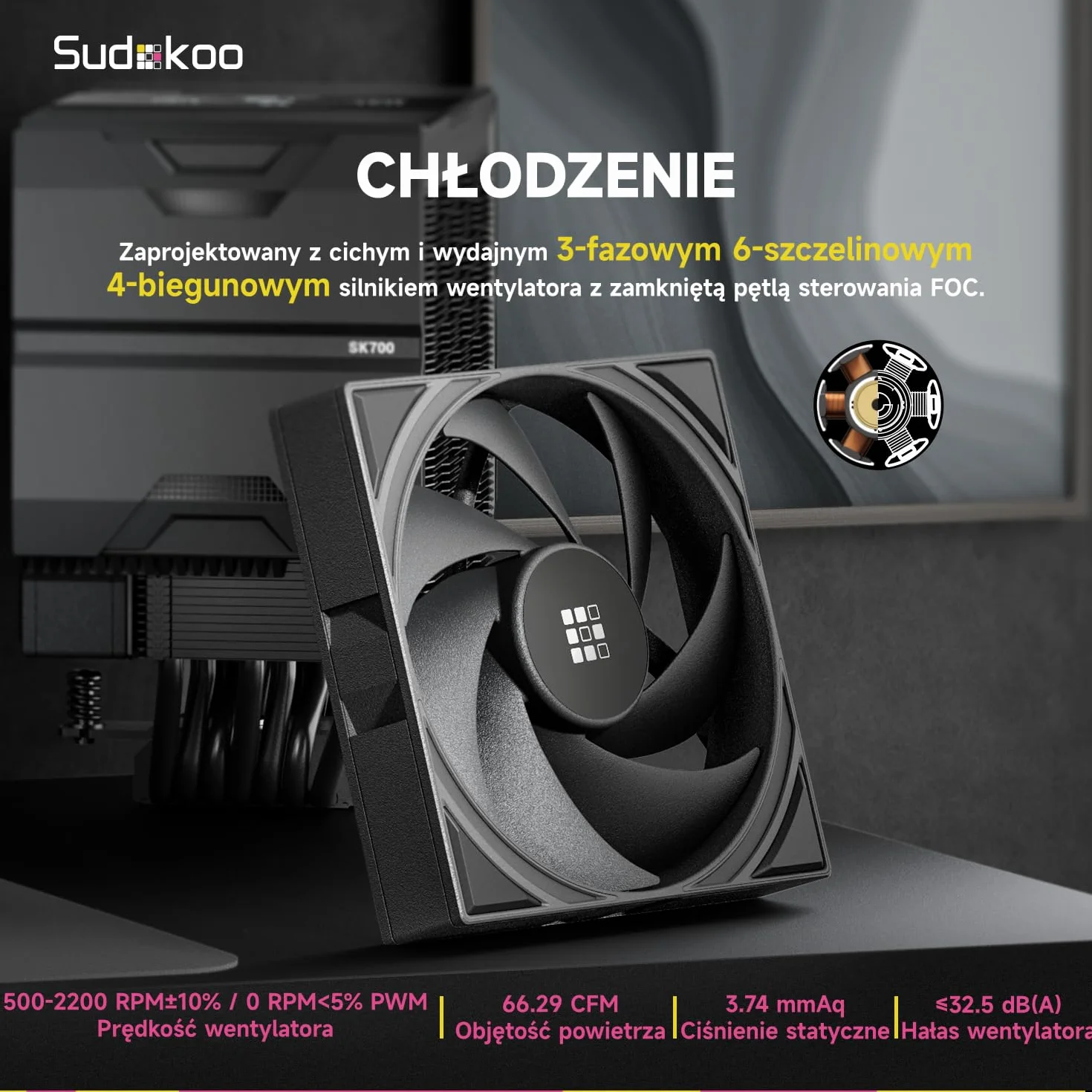 Sudokoo SK700V Chłodzenie CPU AM5, Wieża Pojedyncza, Wentylator 120mm FDB PWM, Czarny