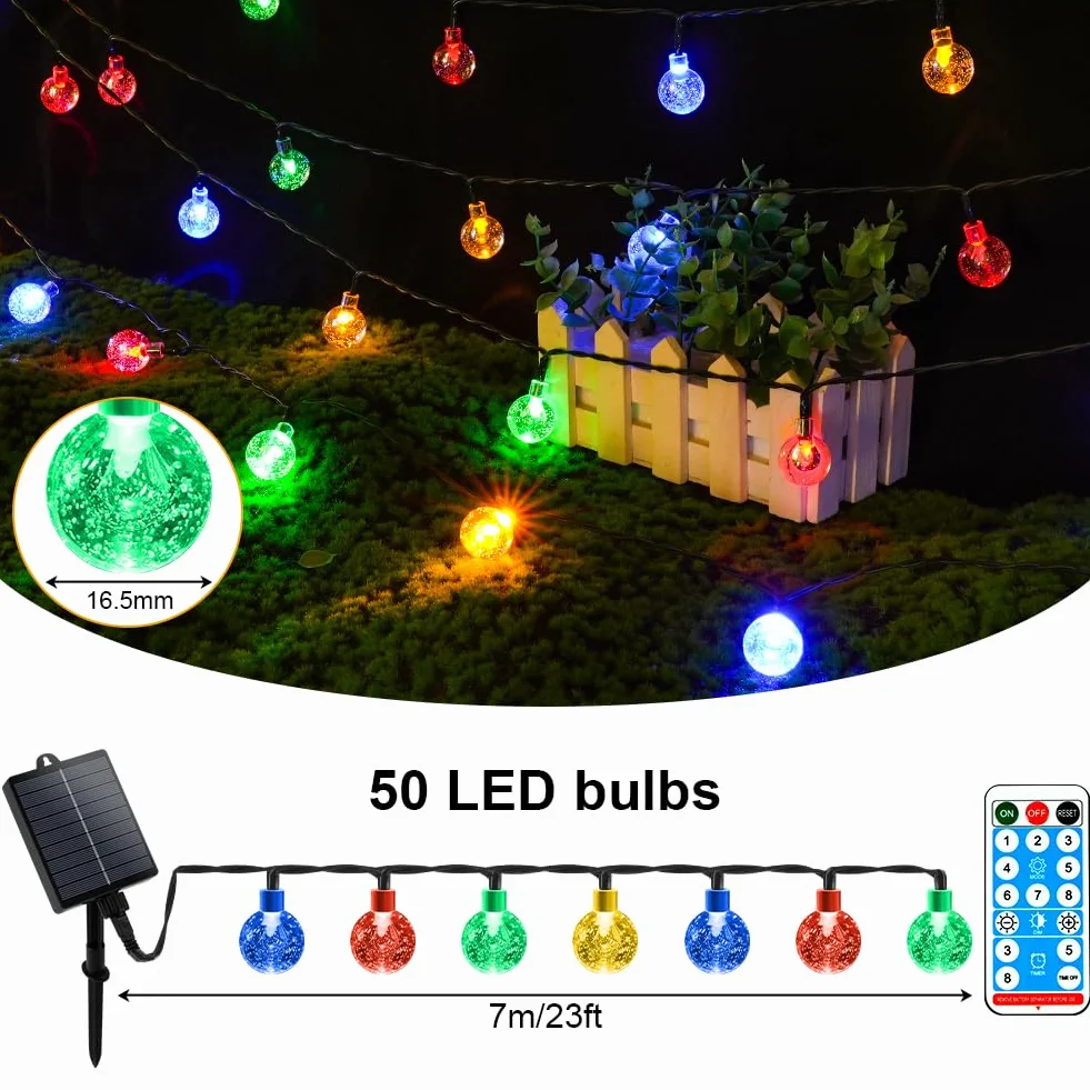 AUAUY Solarny łańcuch świetlny na zewnątrz, odporny na warunki atmosferyczne, 7 m, 50 diod LED, 8 trybów pracy, IP65, solarny łańcuch świetlny, kryształowe kule, oświetlenie zewnętrzne/wewnętrzne na